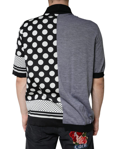 Dolce & Gabbana black and white polka dot collared polo T-shirt with short sleeves and button front.