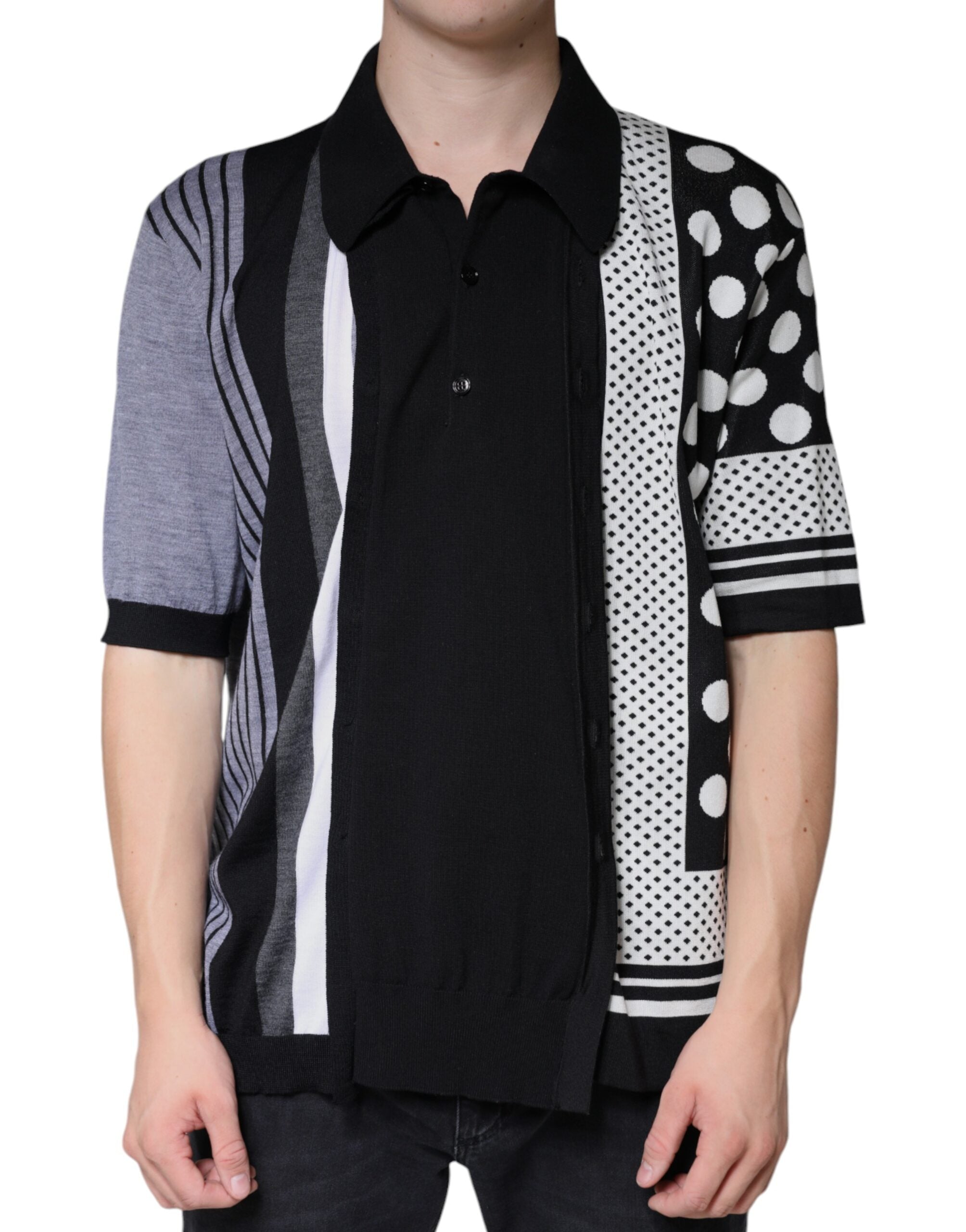 Black and white polka dot collared polo T-shirt by Dolce & Gabbana, featuring a classic polo design with a stylish polka dot pattern.