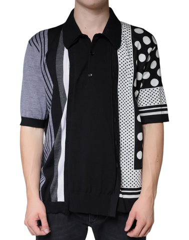 Black and white polka dot collared polo T-shirt by Dolce & Gabbana, featuring a classic polo design with a stylish polka dot pattern.