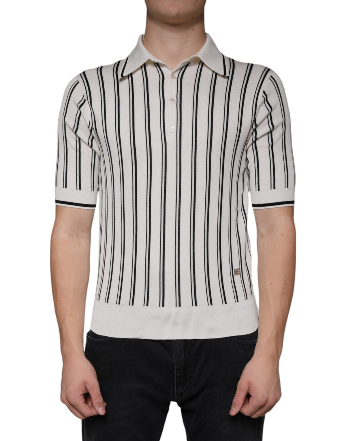 White and black striped Dolce & Gabbana short sleeve polo shirt with a classic collar and button placket.