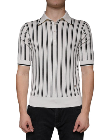 White and black striped Dolce & Gabbana short sleeve polo shirt with a classic collar and button placket.