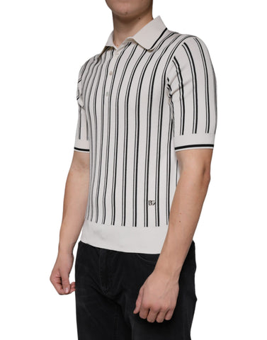White and black striped Dolce & Gabbana short sleeve polo T-shirt with a classic collar and slim fit design.