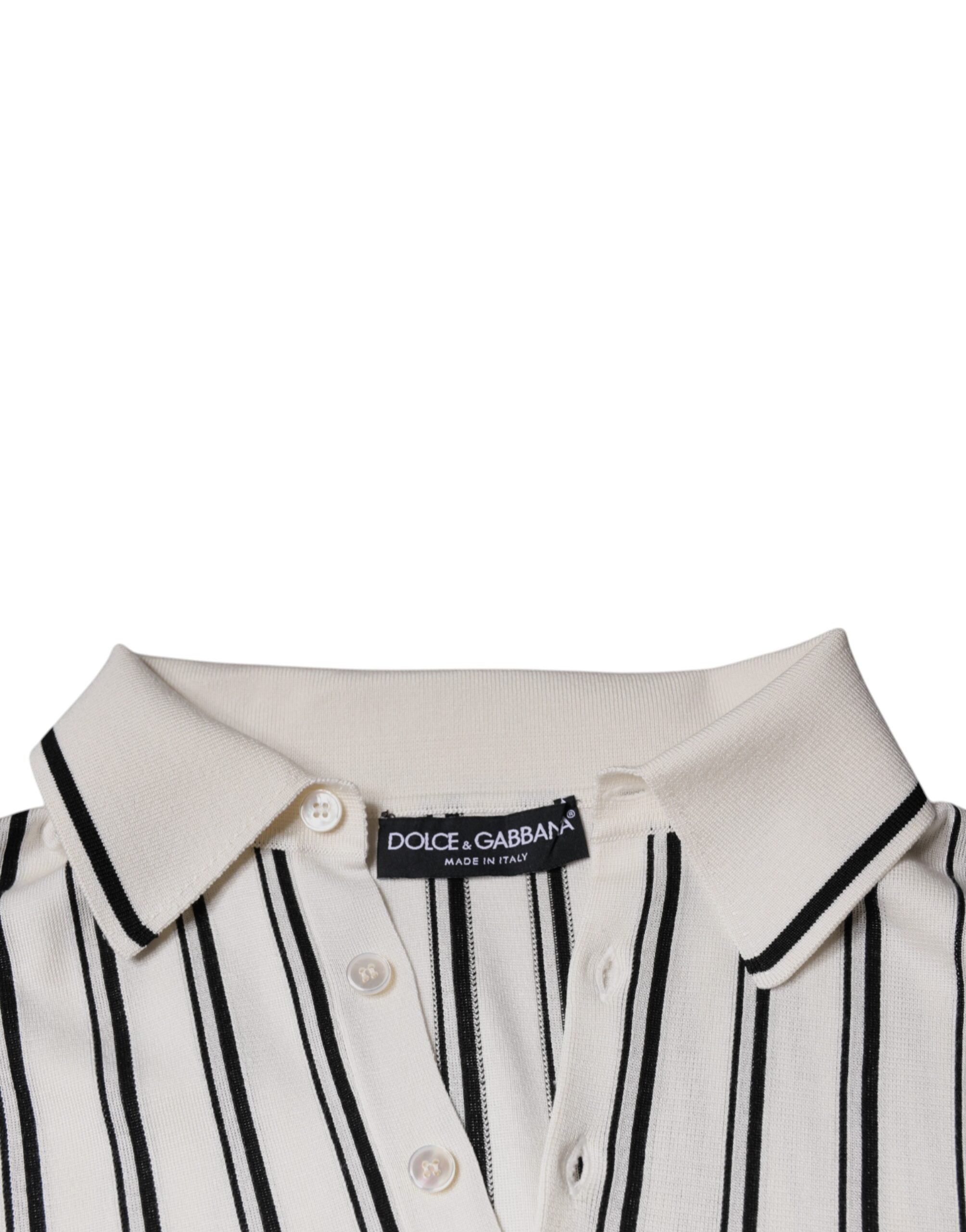 White and black striped Dolce & Gabbana short sleeve polo shirt with a classic collar and logo detail.