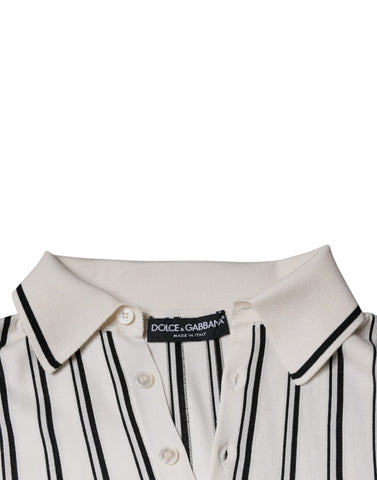 White and black striped Dolce & Gabbana short sleeve polo shirt with a classic collar and logo detail.