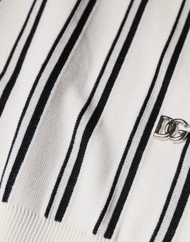 White and black striped Dolce & Gabbana short sleeve polo shirt with a classic collar and subtle logo detail.