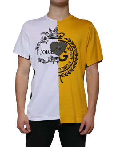White Dolce & Gabbana short sleeve T-shirt with yellow logo print and graphic design on front.