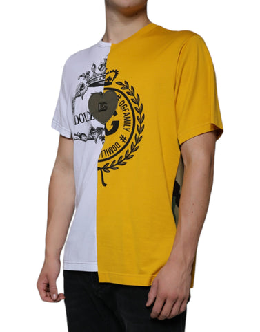 White Dolce & Gabbana short sleeve T-shirt with yellow logo print, casual men's clothing with graphic design.