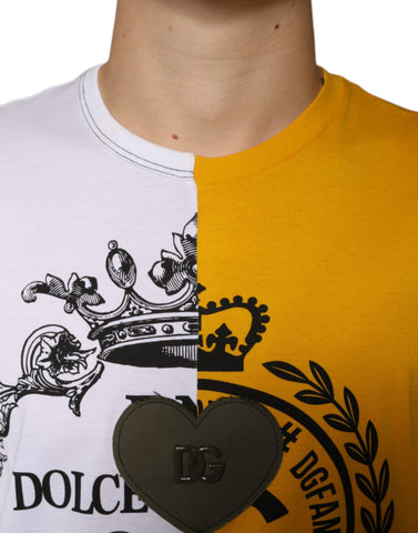 White Dolce & Gabbana short sleeve T-shirt with yellow logo print, casual crew neck design.