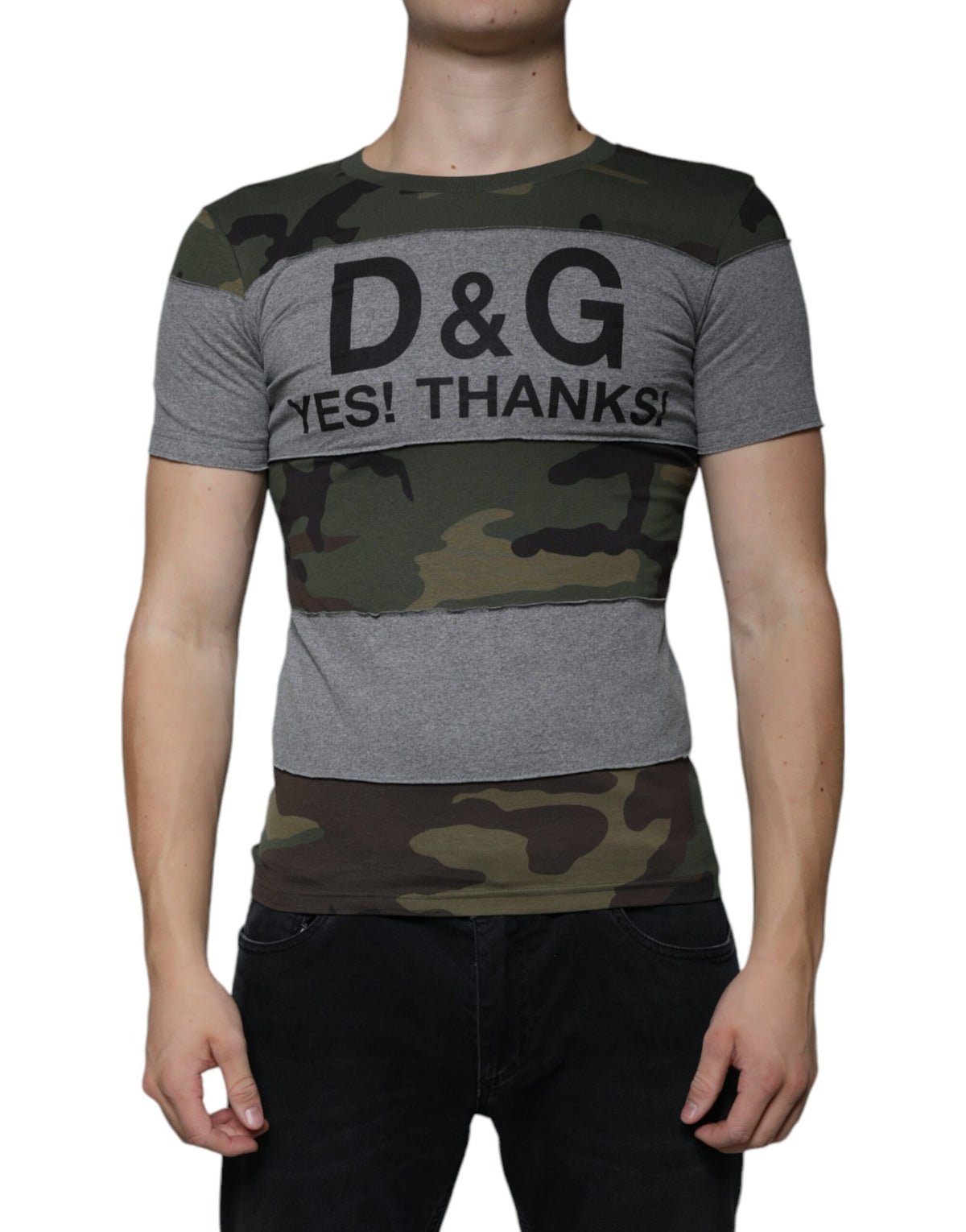 Multicolor camouflage cotton crew neck T-shirt by Dolce & Gabbana, featuring a vibrant pattern and casual fit.