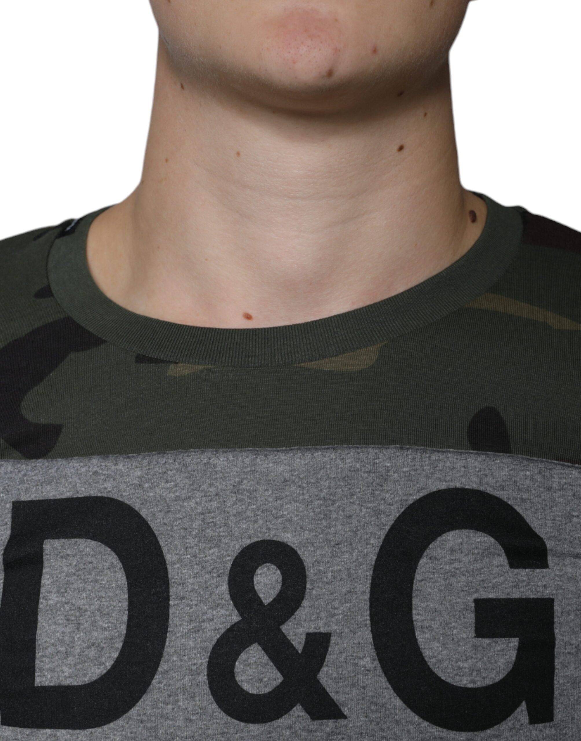 Multicolor camouflage cotton crew neck T-shirt by Dolce & Gabbana displayed on a model.