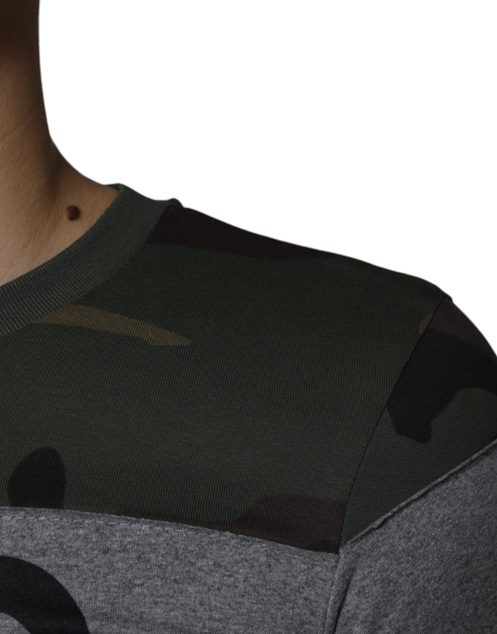Multicolor camouflage cotton crew neck T-shirt by Dolce & Gabbana, showing a close-up of the patterned fabric and crew neckline.
