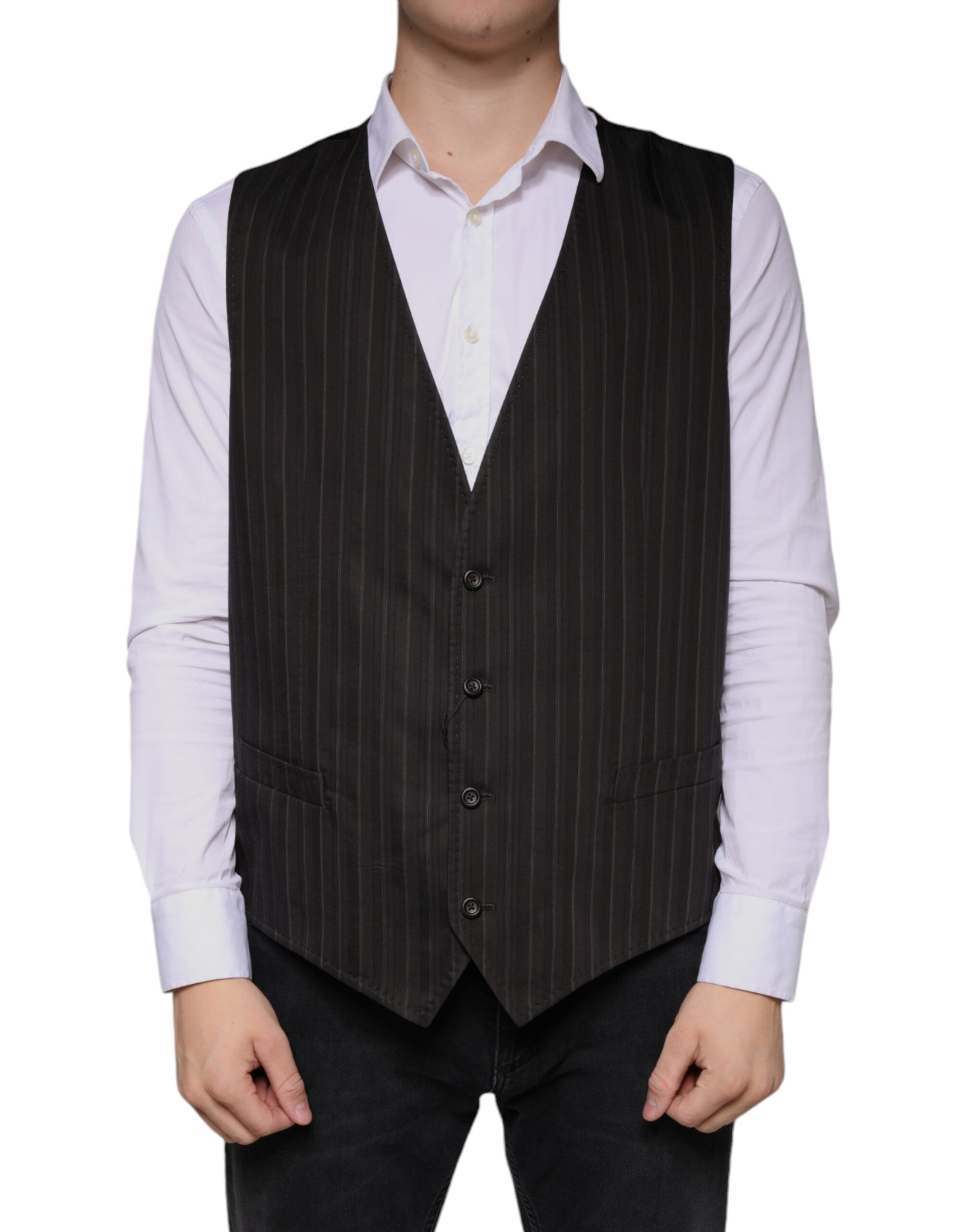 Black cotton waistcoat dress by Dolce & Gabbana, formal vest with tailored fit and classic design, suitable for elegant occasions.
