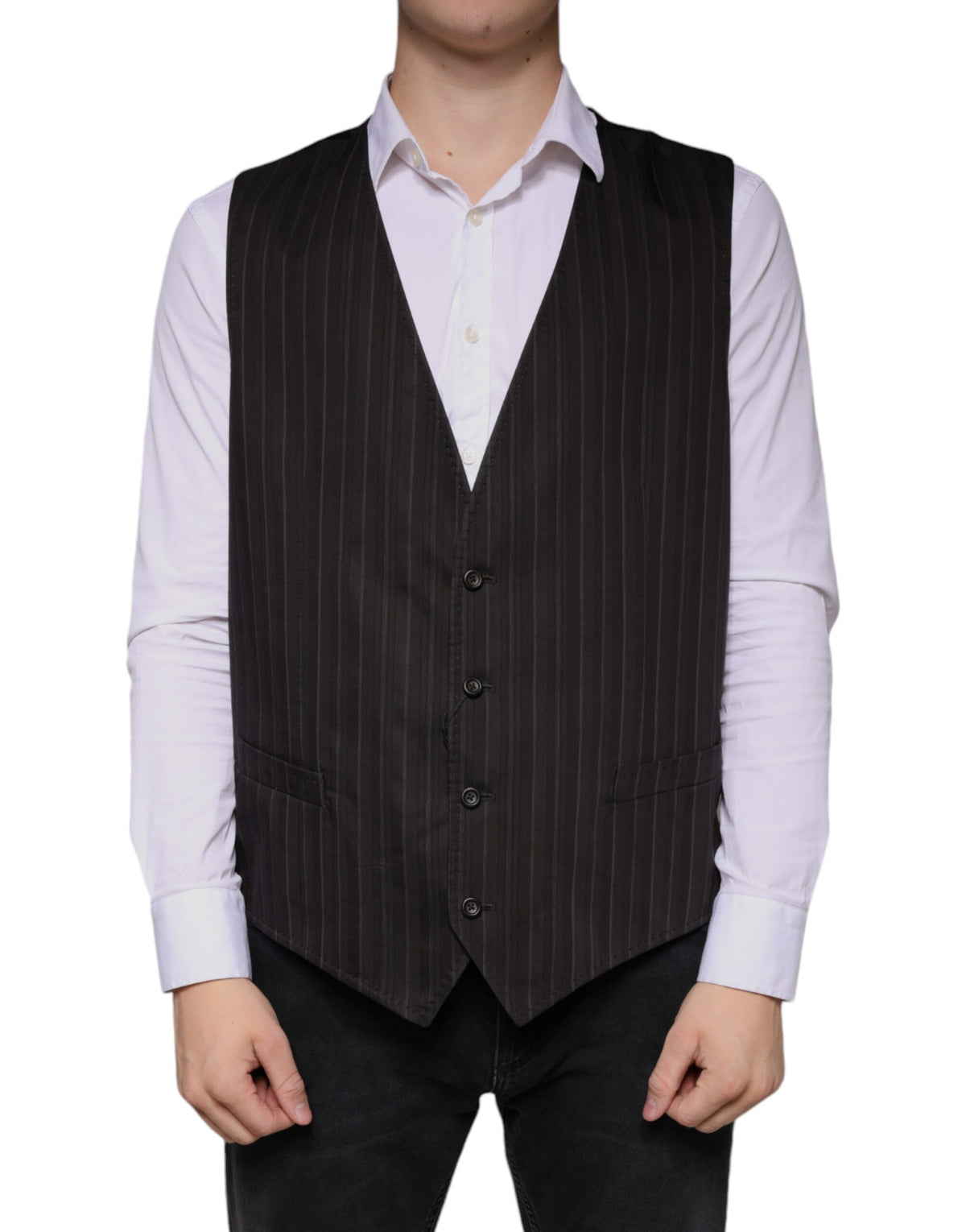 Black cotton waistcoat dress by Dolce & Gabbana, formal vest with tailored fit and classic design, suitable for elegant occasions.
