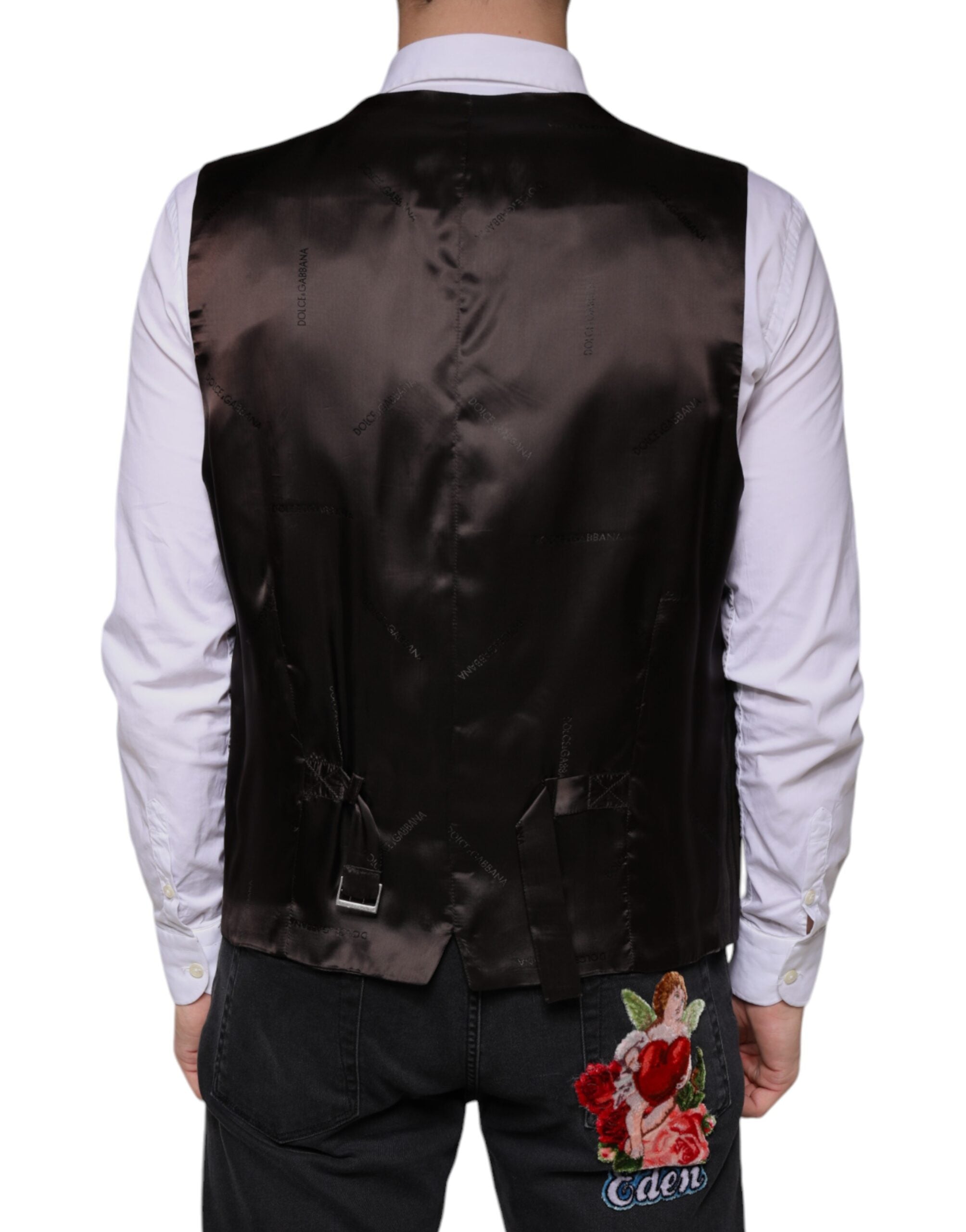 Black cotton waistcoat dress by Dolce & Gabbana, formal vest with tailored fit and classic design, shown on a model.