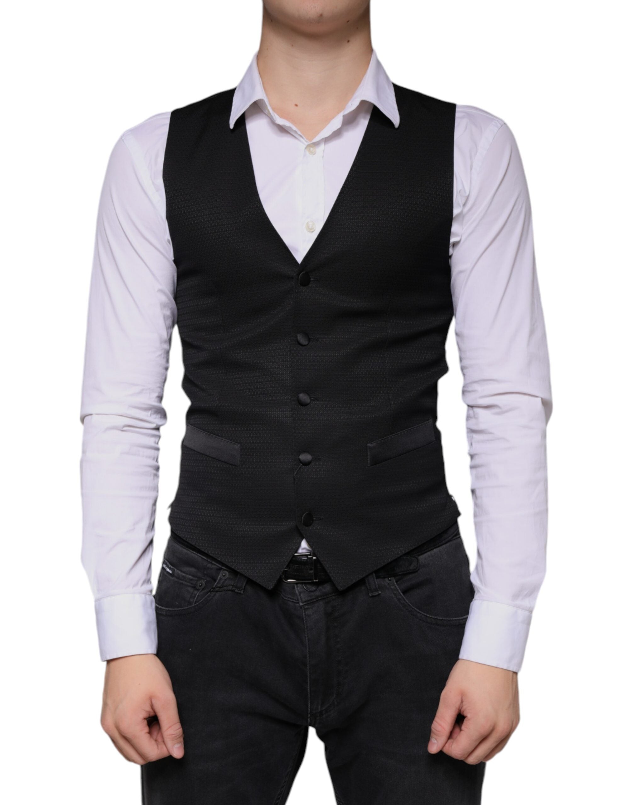 Black wool waistcoat dress by Dolce & Gabbana, formal vest with tailored fit and classic design, suitable for elegant occasions.