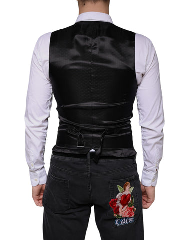 Black wool waistcoat dress by Dolce & Gabbana, formal vest with tailored fit, front buttons, and sleek design.