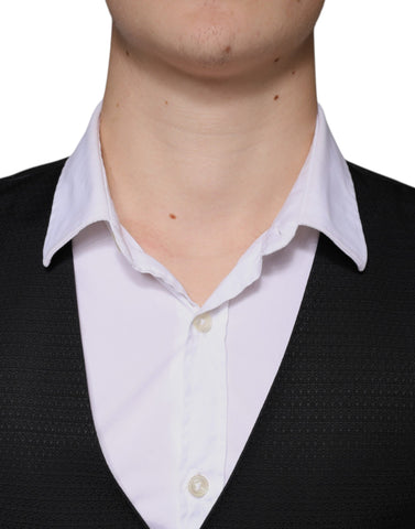 Black wool waistcoat dress by Dolce & Gabbana, formal vest with tailored fit and classic design, shown on a model.