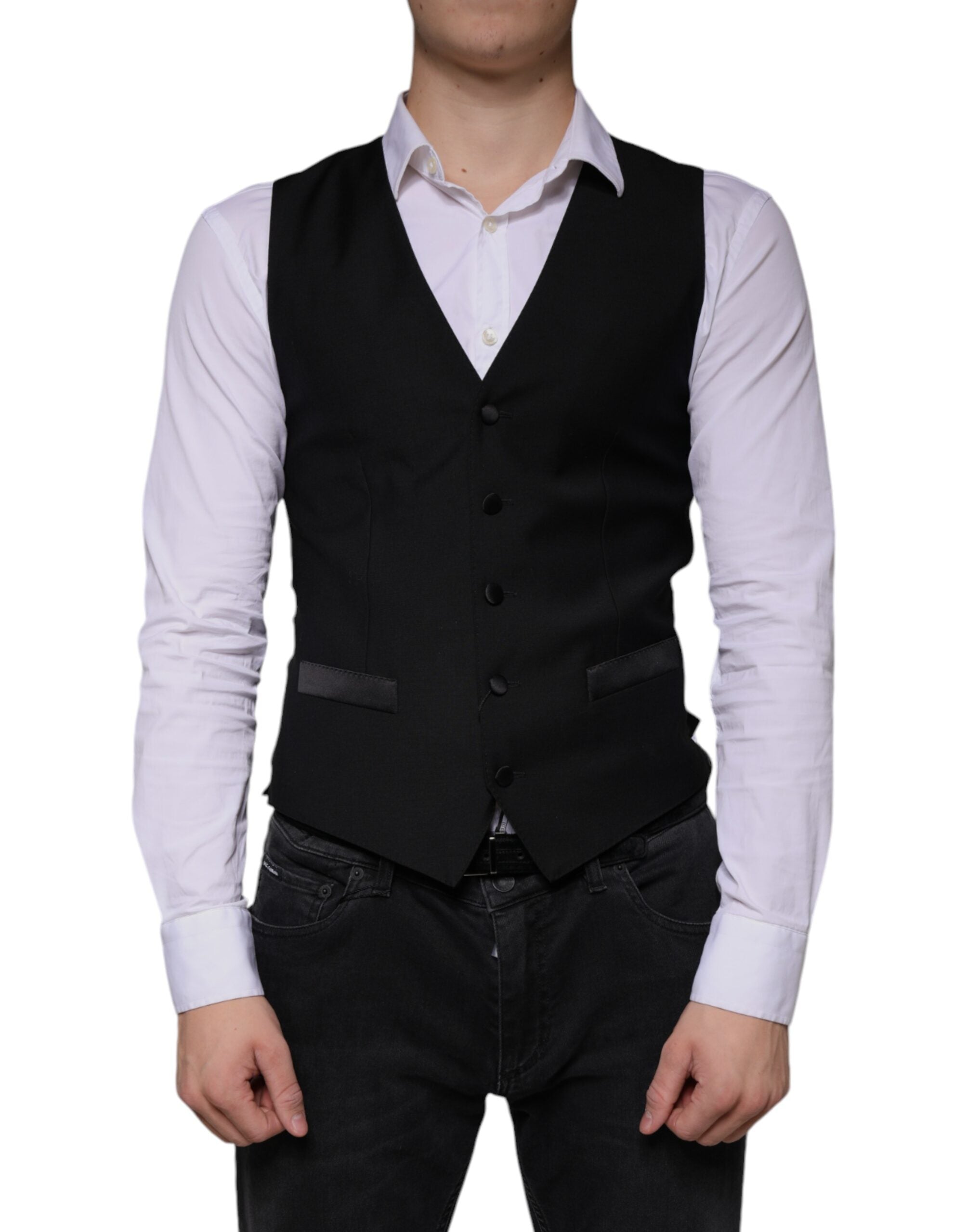 Black wool waistcoat dress by Dolce & Gabbana, formal vest with tailored fit and classic design, shown on a model.