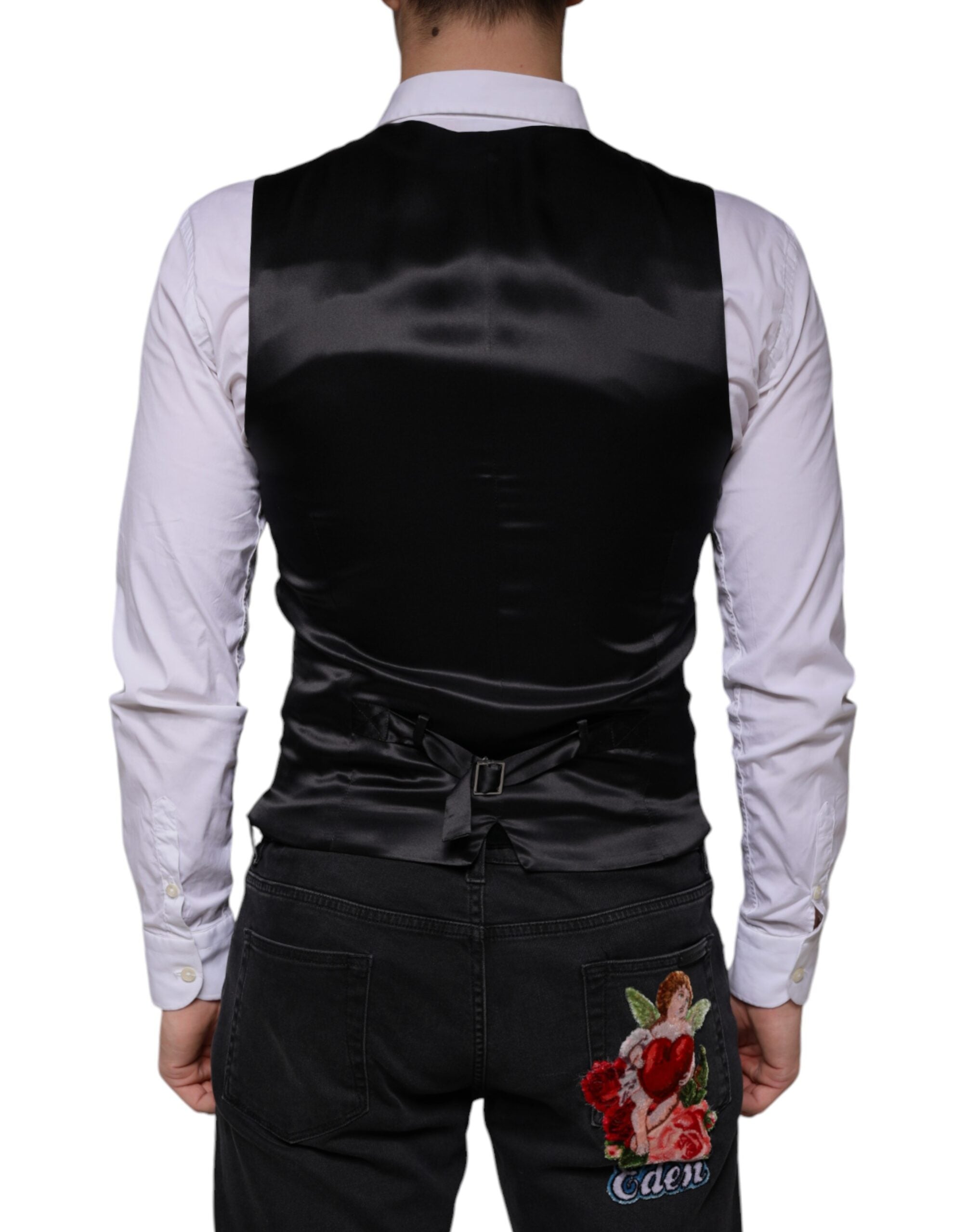 Black wool waistcoat dress by Dolce & Gabbana, formal vest with tailored fit, featuring classic design and button details.
