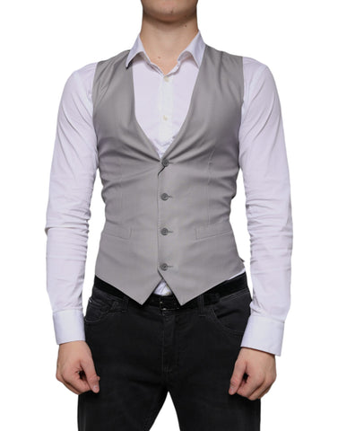 Light gray wool formal dress waistcoat vest by Dolce & Gabbana, tailored fit with front buttons and sleek design.