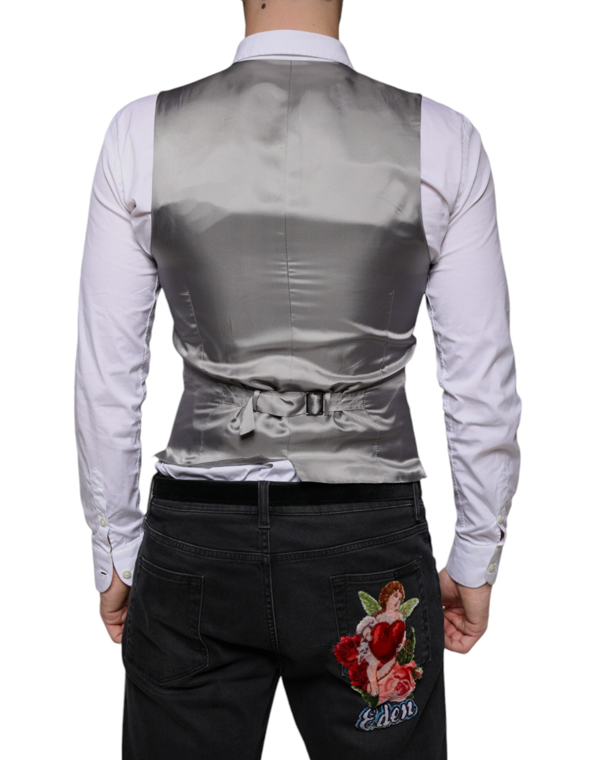 Light gray wool formal dress waistcoat vest by Dolce & Gabbana, shown on a mannequin, with tailored fit and classic design.