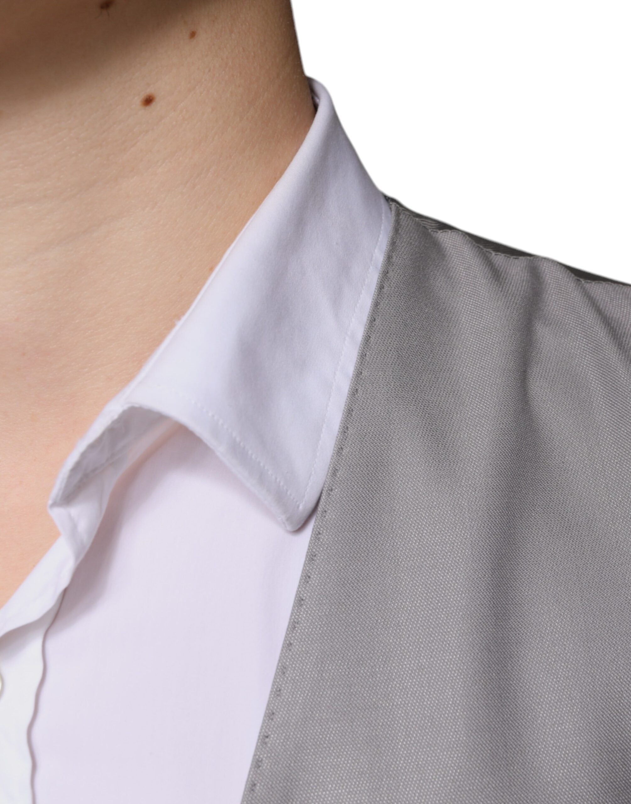 Light gray wool formal dress waistcoat vest by Dolce & Gabbana, tailored fit with classic lapel and button details.