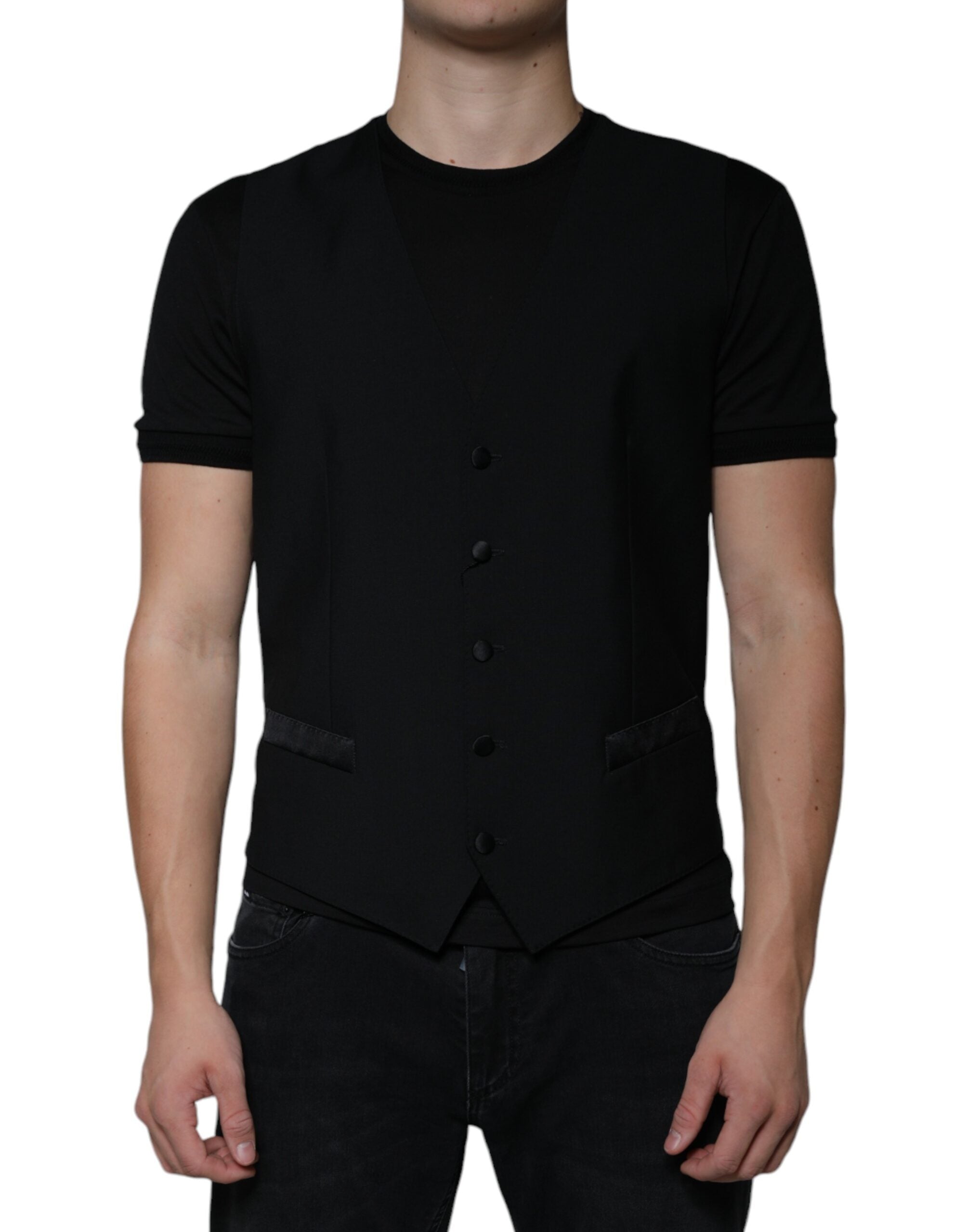 Black wool formal men's waistcoat vest by Dolce & Gabbana, featuring a tailored fit and classic design.