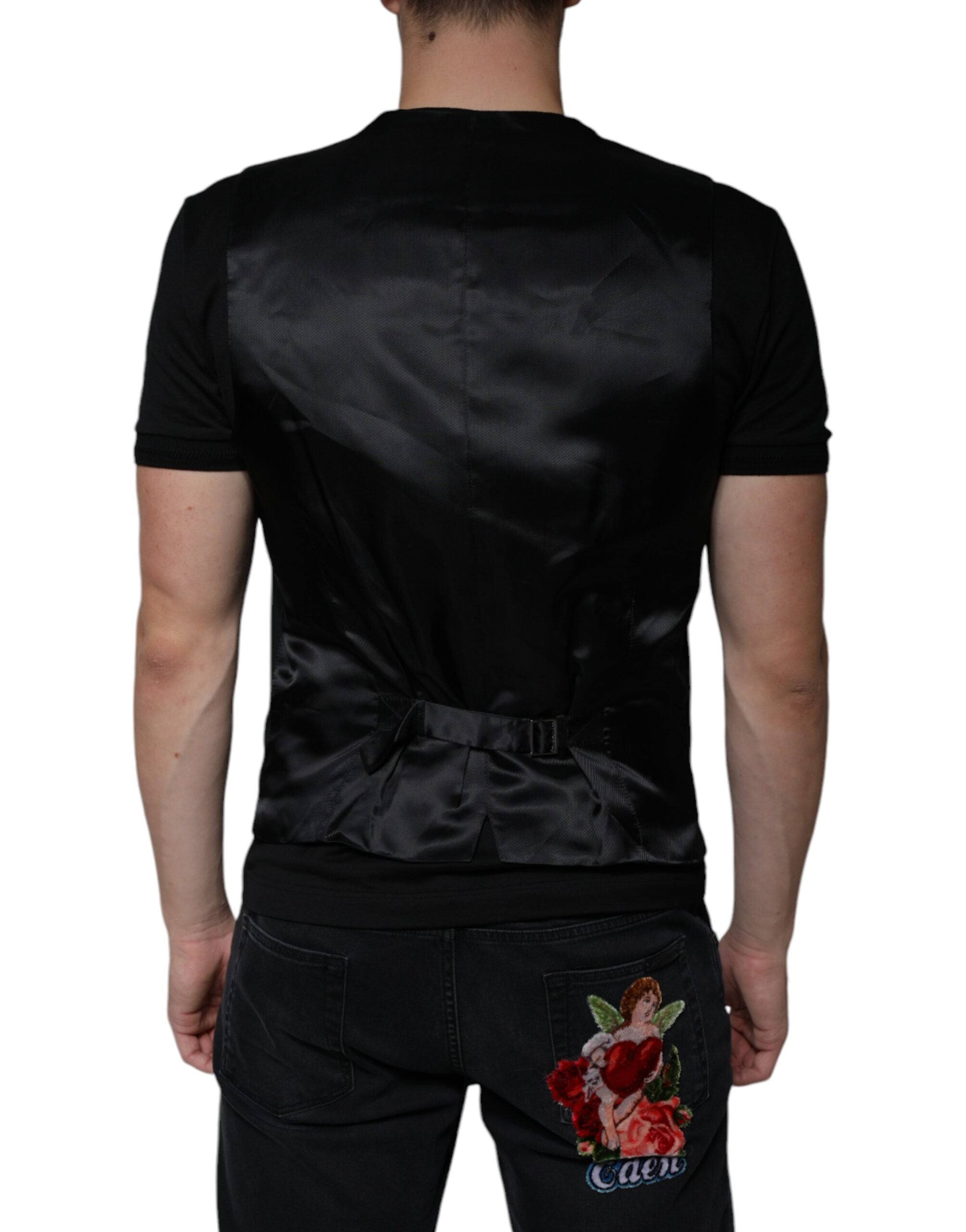 Black wool formal men's waistcoat vest by Dolce & Gabbana, featuring tailored fit and classic design.