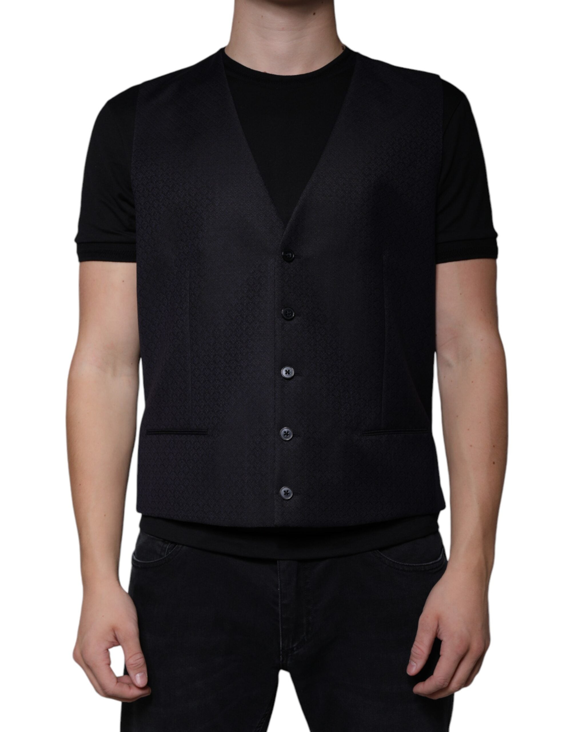 Black wool waistcoat dress by Dolce & Gabbana, formal vest with tailored fit and classic design, suitable for elegant occasions.