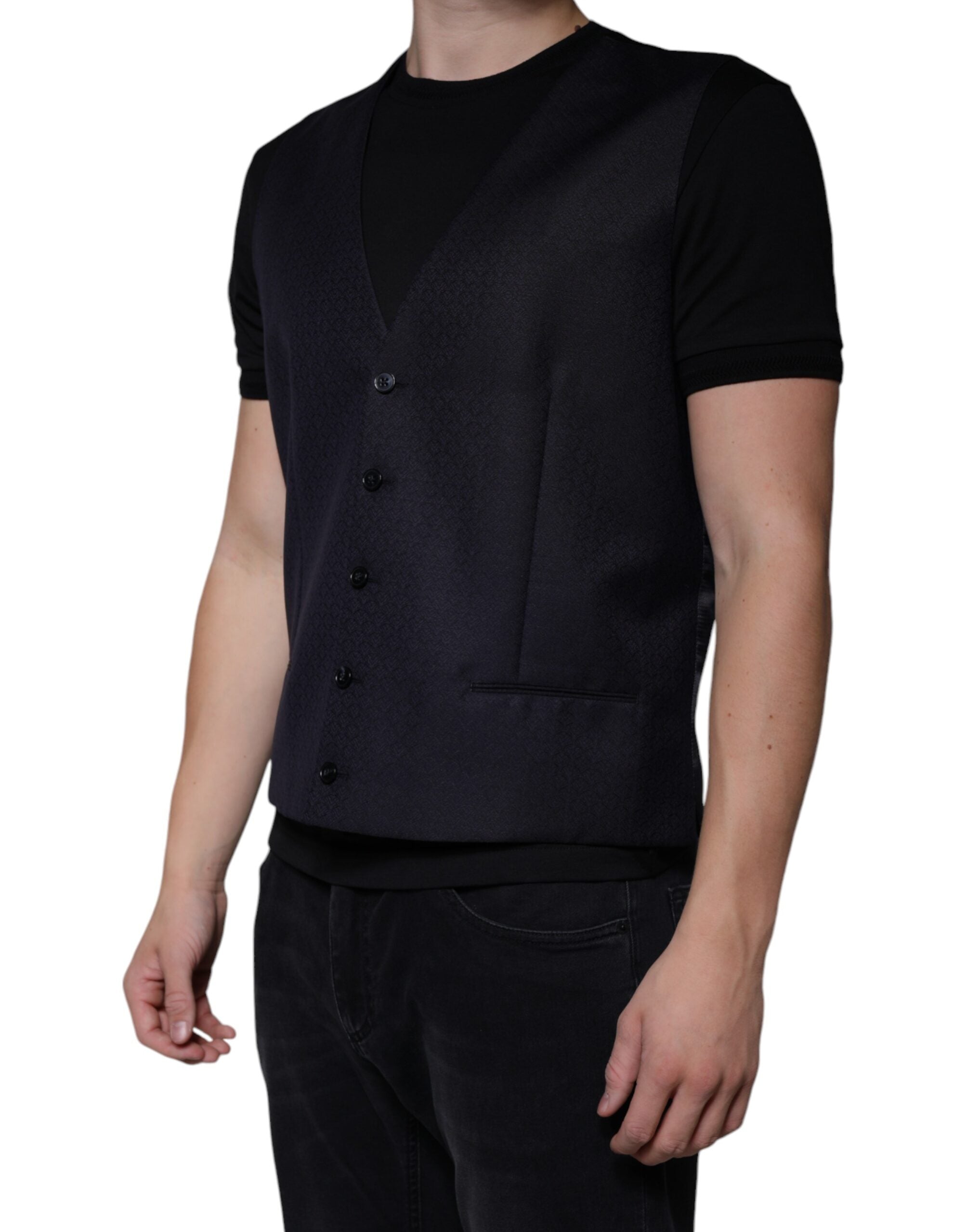 Black wool waistcoat dress by Dolce & Gabbana, formal vest with tailored fit and classic design, suitable for elegant occasions.