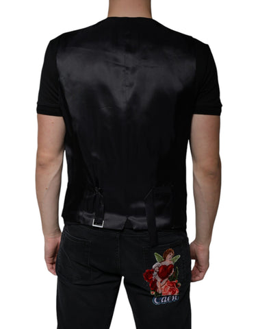 Black wool waistcoat dress by Dolce & Gabbana, formal vest with tailored fit and sleek design, suitable for elegant occasions.