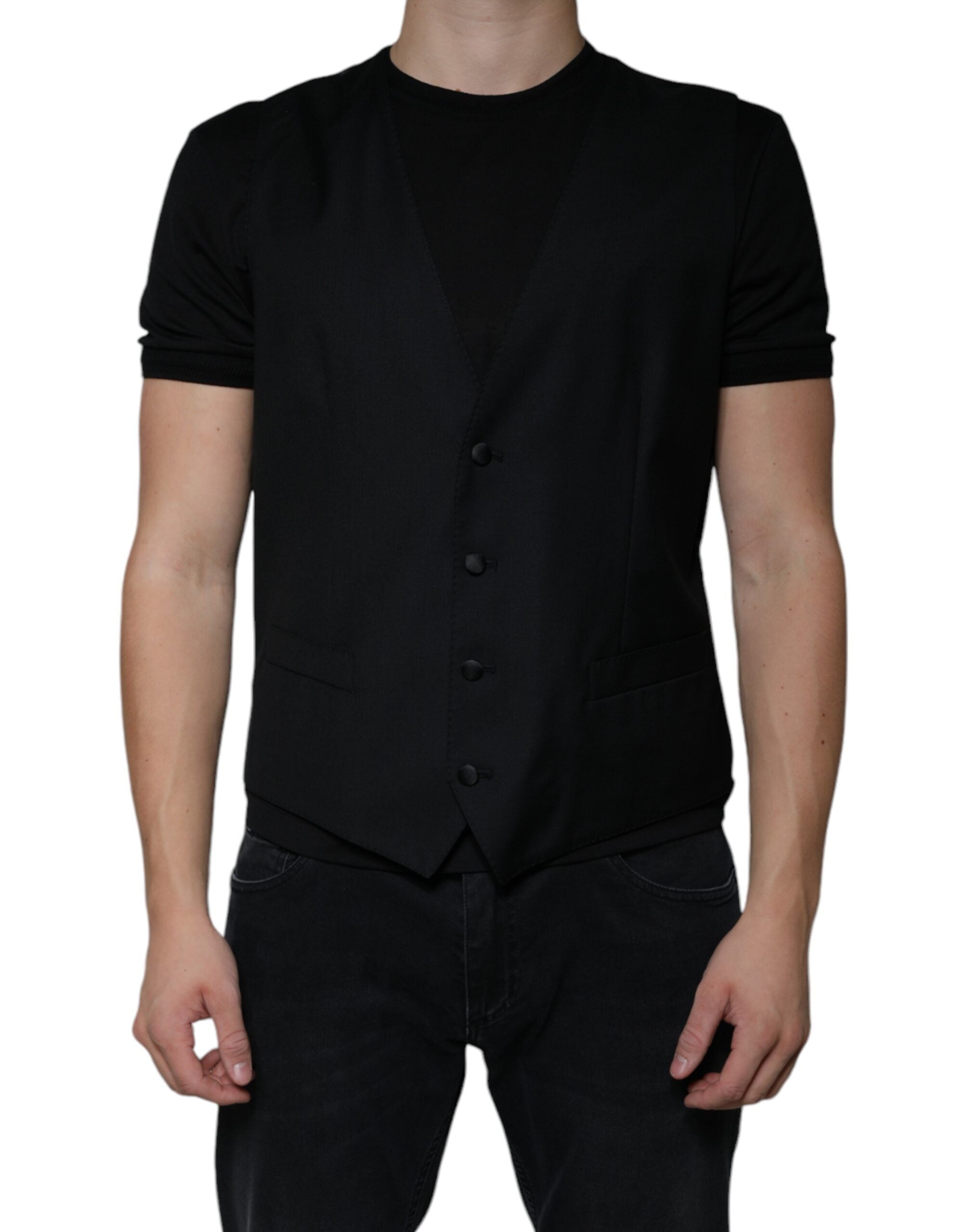 Black wool waistcoat dress by Dolce & Gabbana, tailored formal vest with sleek design and classic fit.