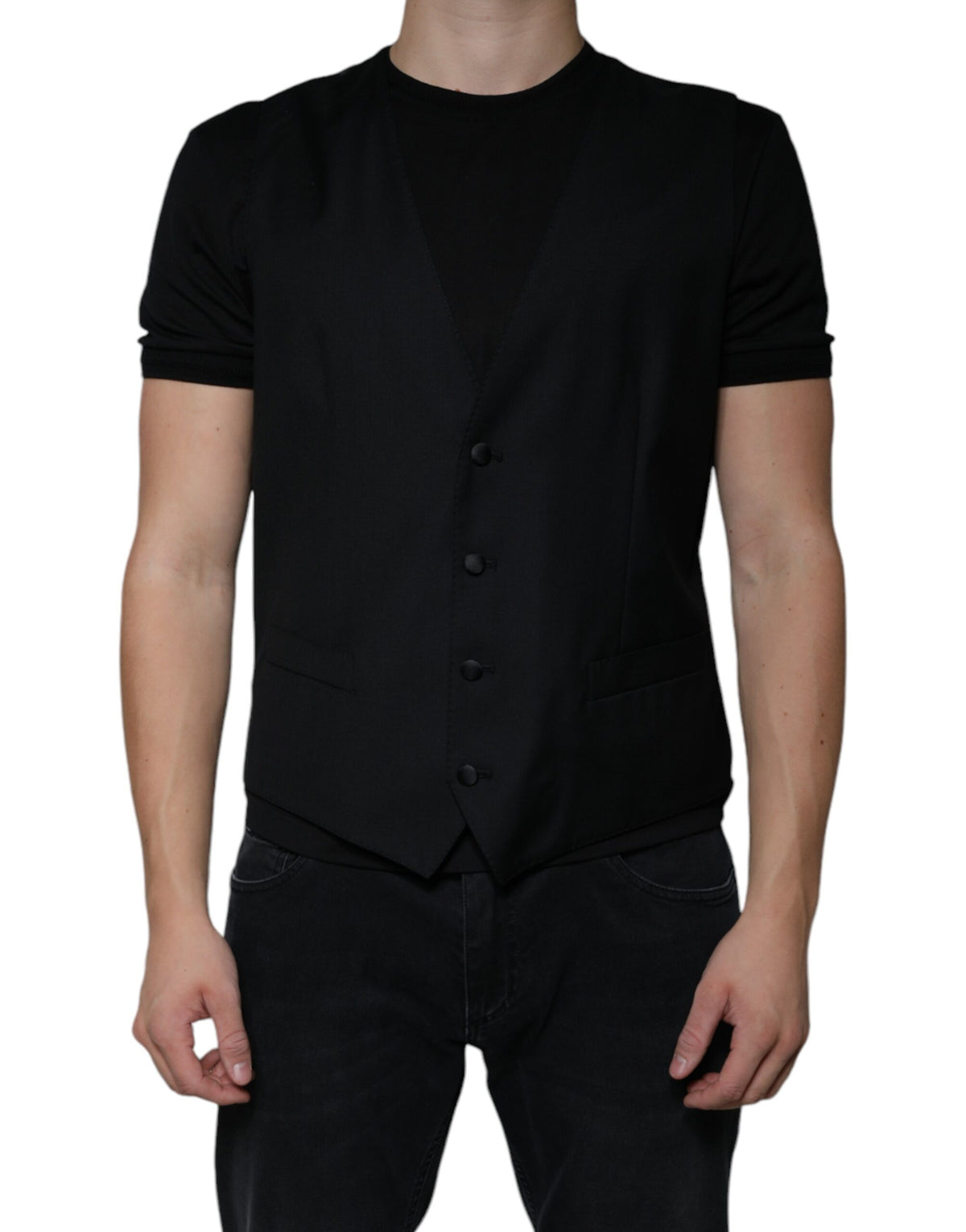 Black wool waistcoat dress by Dolce & Gabbana, formal vest with tailored fit and sleek design, suitable for elegant occasions.