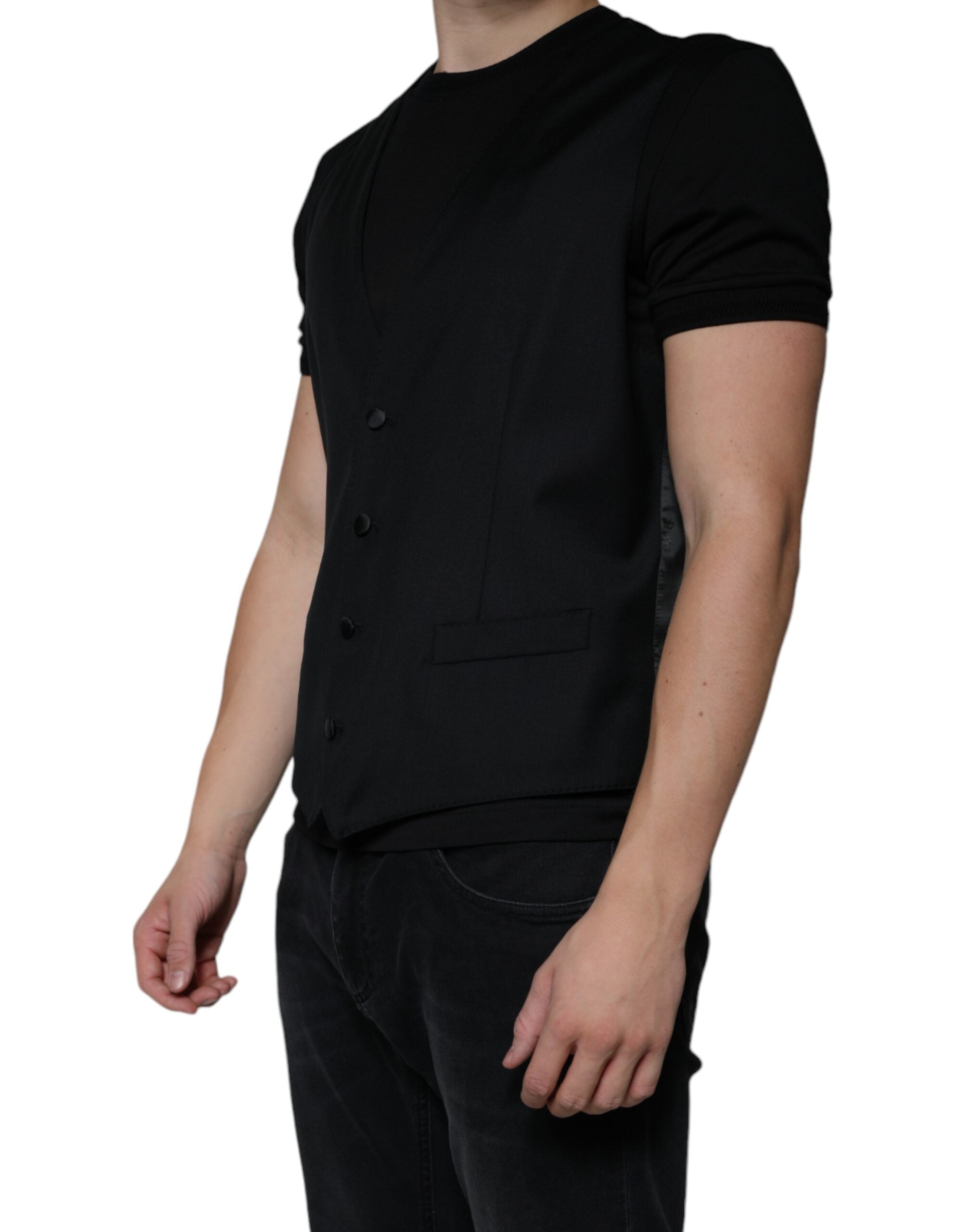 Black wool waistcoat dress by Dolce & Gabbana, formal vest with tailored fit, sleeveless design, and classic lapel details.