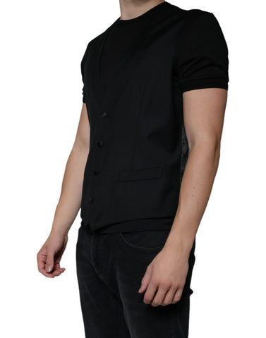 Black wool waistcoat dress by Dolce & Gabbana, formal vest with tailored fit, sleeveless design, and classic lapel details.