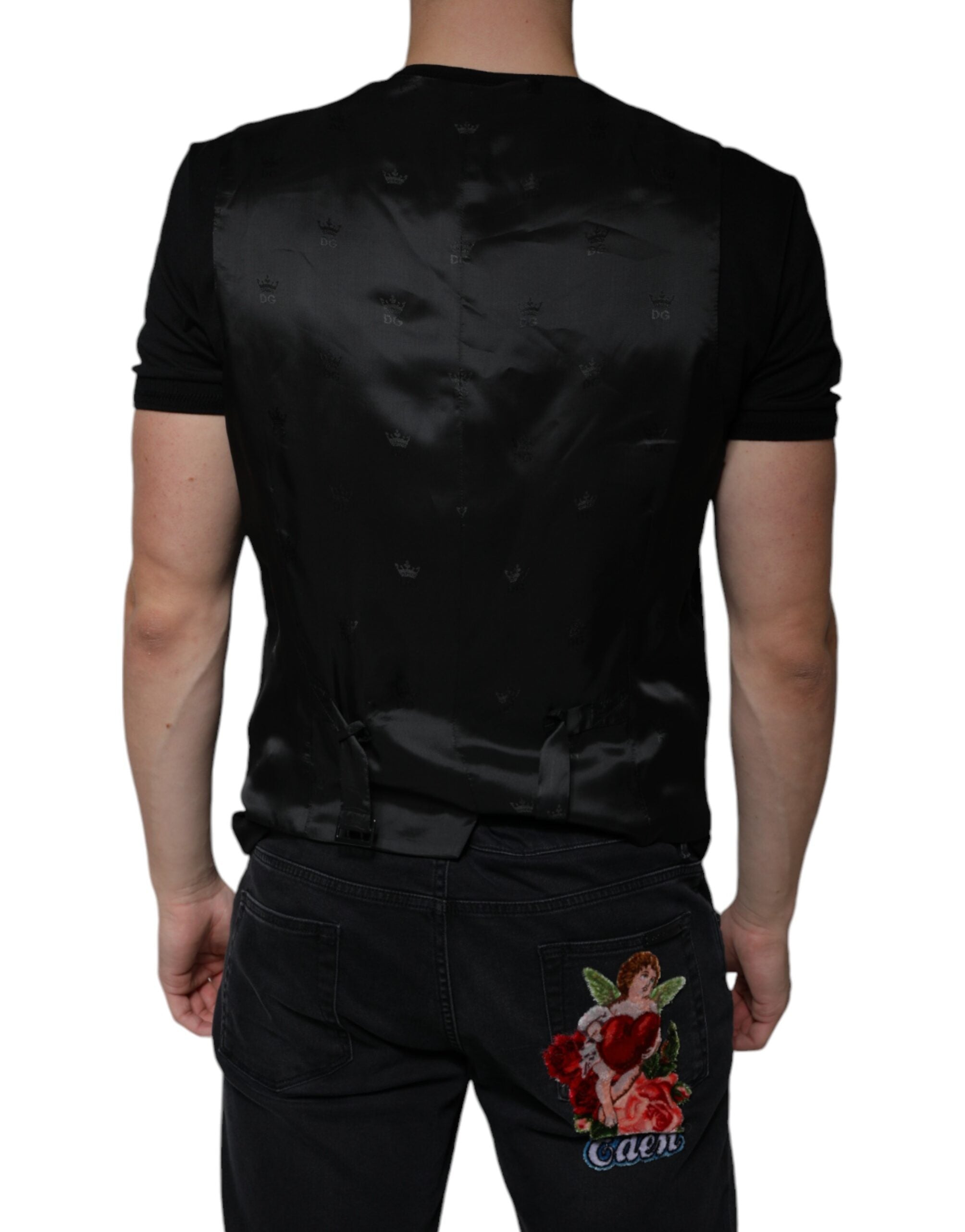 Black wool waistcoat dress by Dolce & Gabbana, featuring a tailored formal vest style with sleek, sophisticated design.