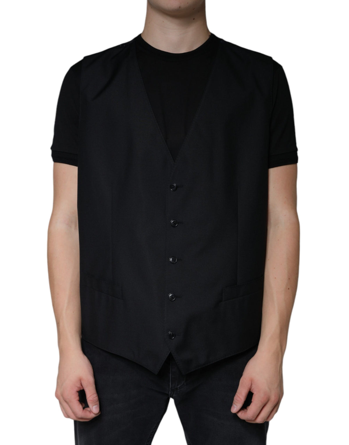 Black wool waistcoat dress by Dolce & Gabbana, formal vest with tailored fit and classic design for elegant occasions.