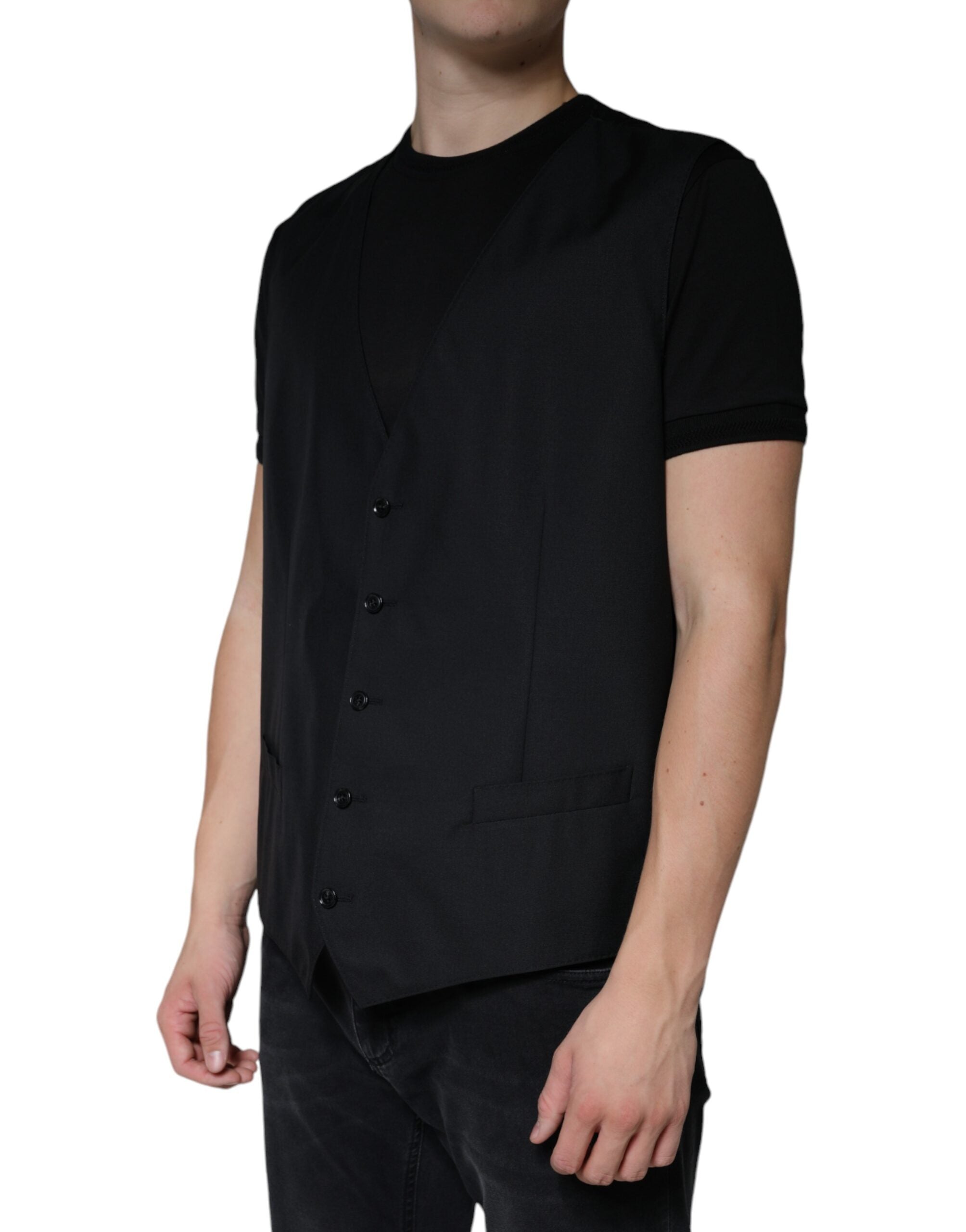 Black wool waistcoat dress by Dolce & Gabbana, formal vest with tailored fit, front buttons, and elegant design.