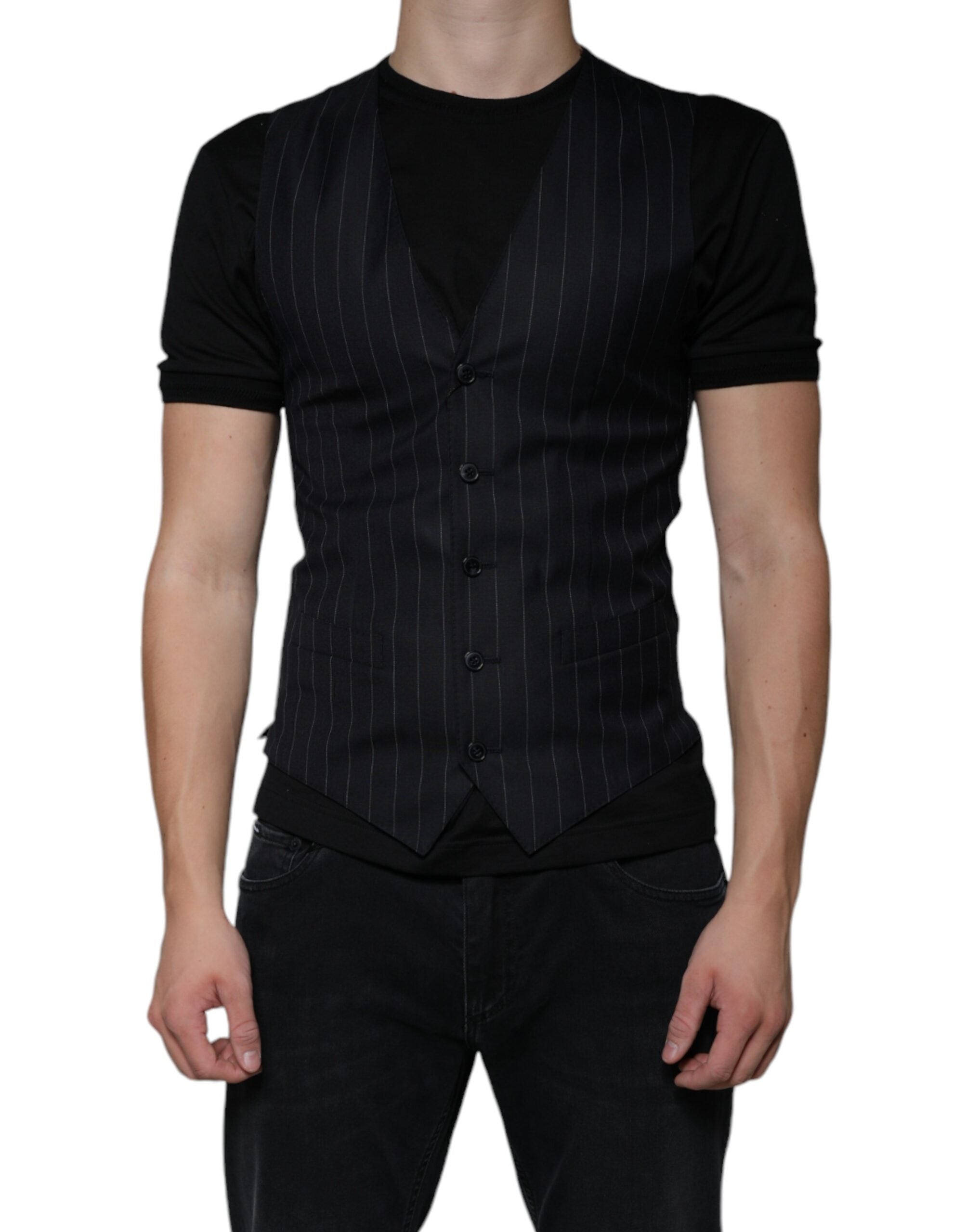 Black leather waistcoat dress by Dolce & Gabbana, formal vest with tailored fit and sleek design, front view.