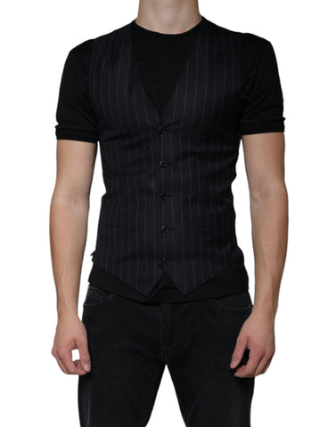 Black leather waistcoat dress by Dolce & Gabbana, formal vest with tailored fit and sleek design, front view.