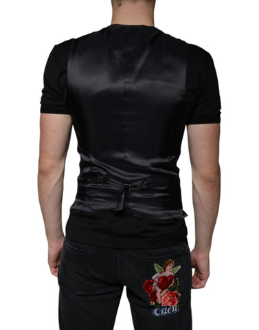 Black leather waistcoat dress by Dolce & Gabbana, stylish formal vest with tailored fit and sleek design.