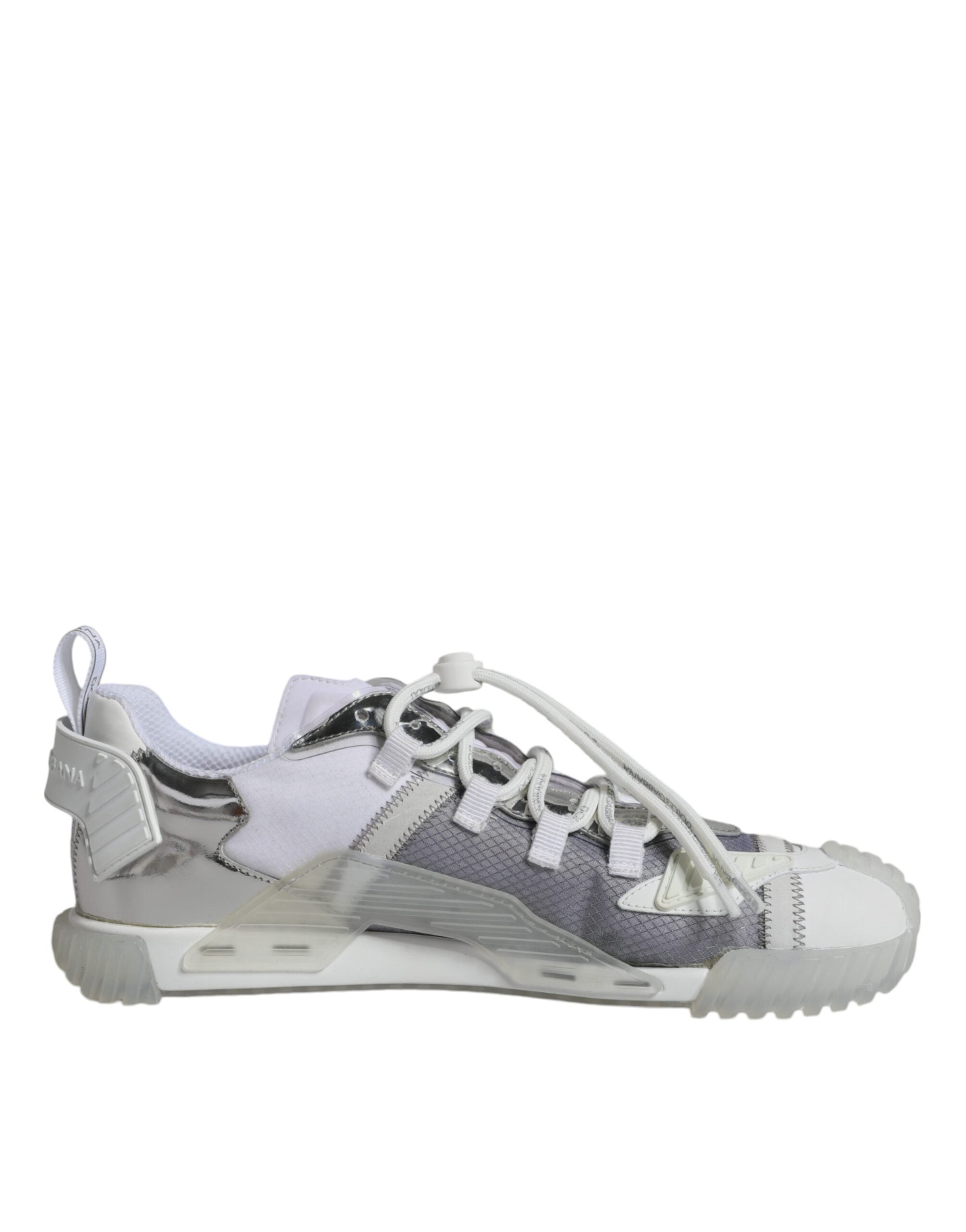 White silver Dolce & Gabbana low-top NS1 sneakers with sleek design and white laces, displayed on a neutral background.