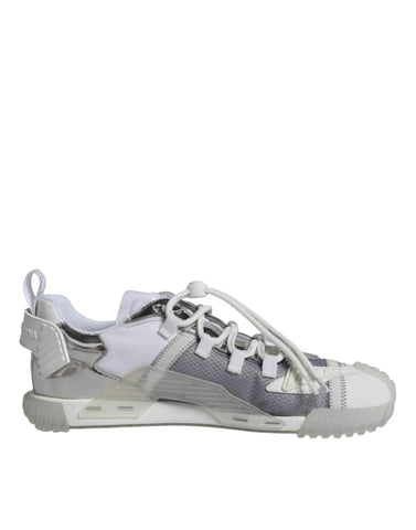 White silver Dolce & Gabbana low-top NS1 sneakers with sleek design and white laces, displayed on a neutral background.