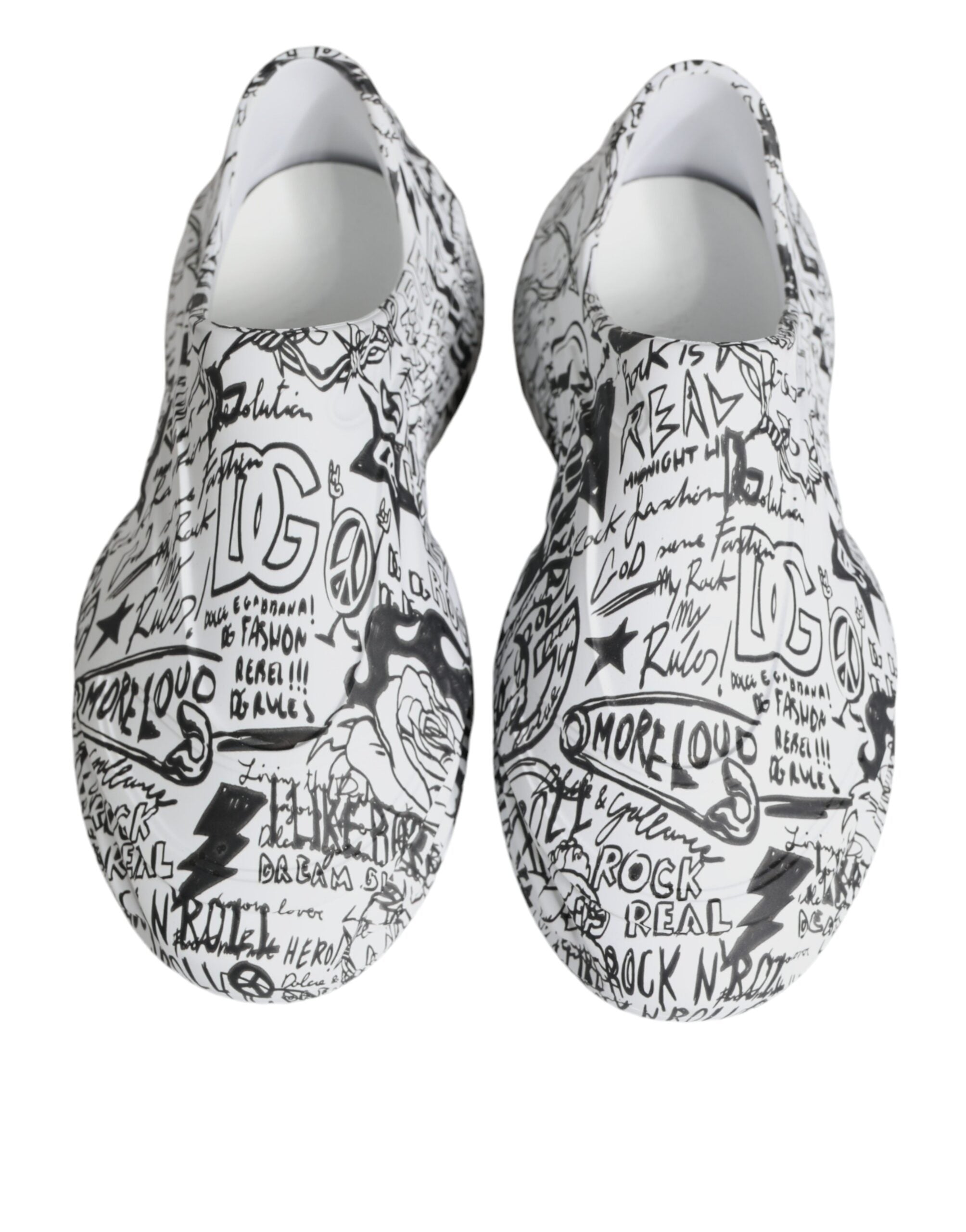 White and black graffiti-style Daymaster sneakers by Dolce & Gabbana with bold graphic design and comfortable sneaker silhouette.
