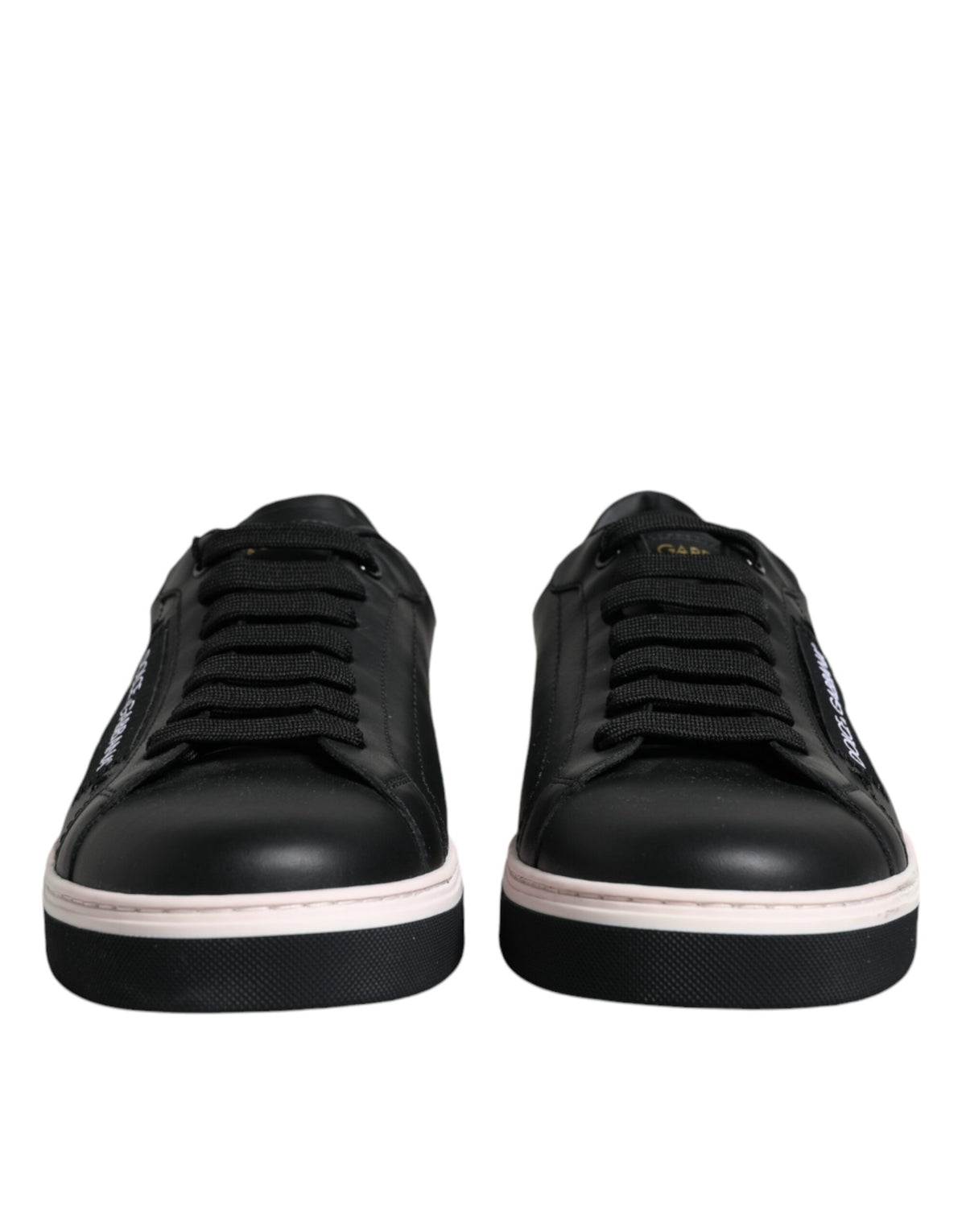 Black leather low-top men's sneakers by Dolce & Gabbana, featuring sleek design and classic lace-up style.