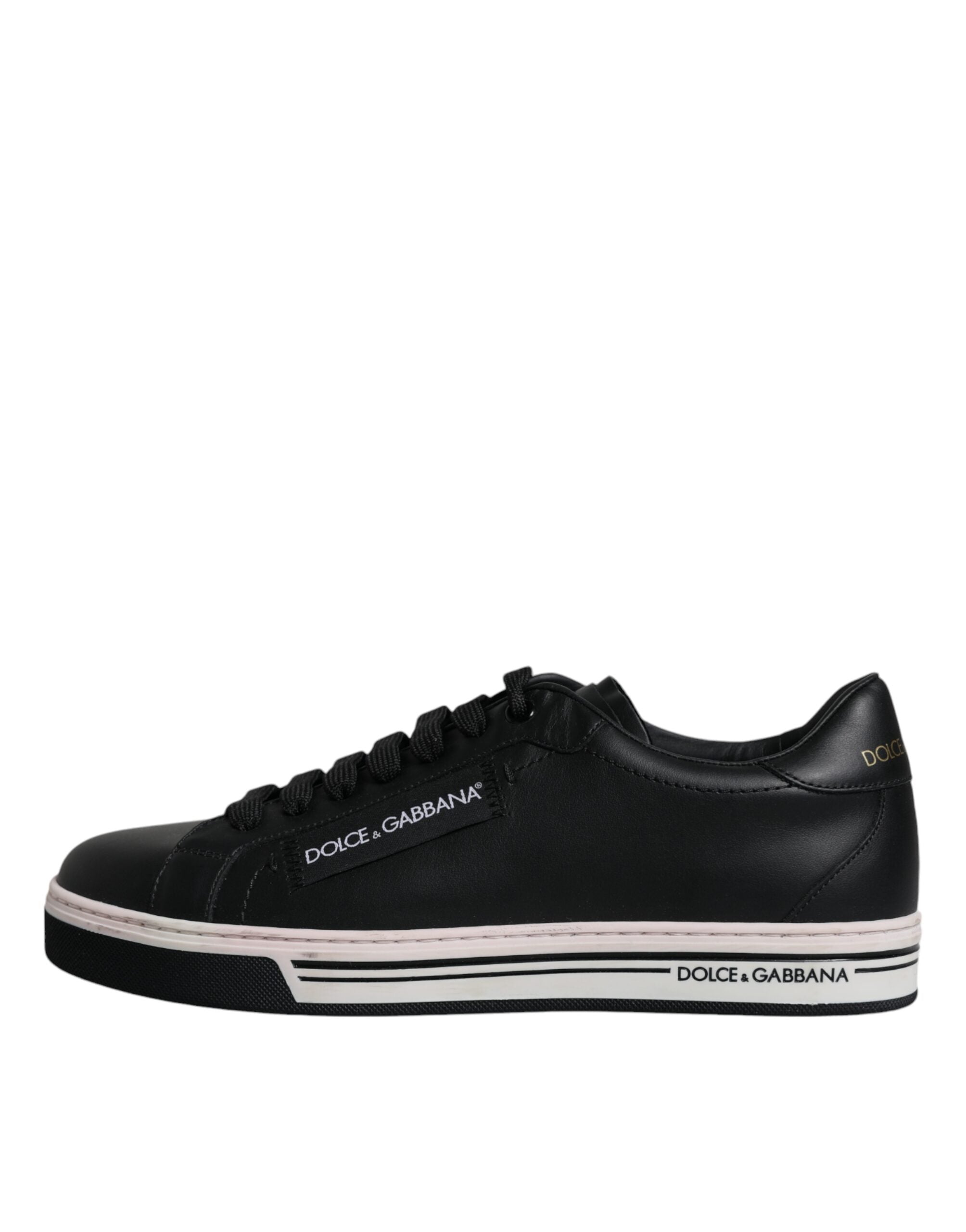 Black leather low-top men's sneakers by Dolce & Gabbana, featuring sleek design and white rubber soles.