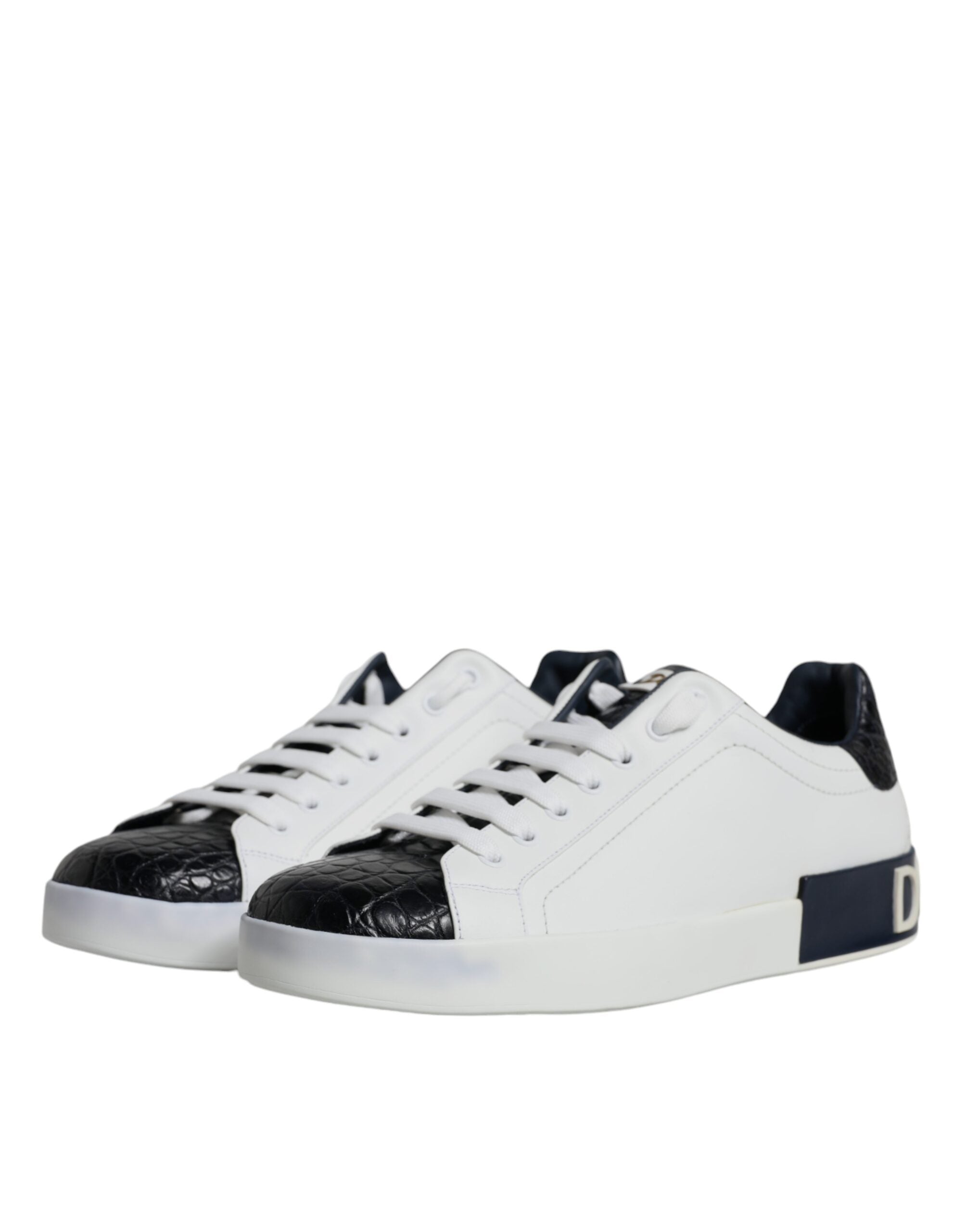 White leather Dolce & Gabbana Portofino sneakers with logo detail and stylish design, shown from a front angle.