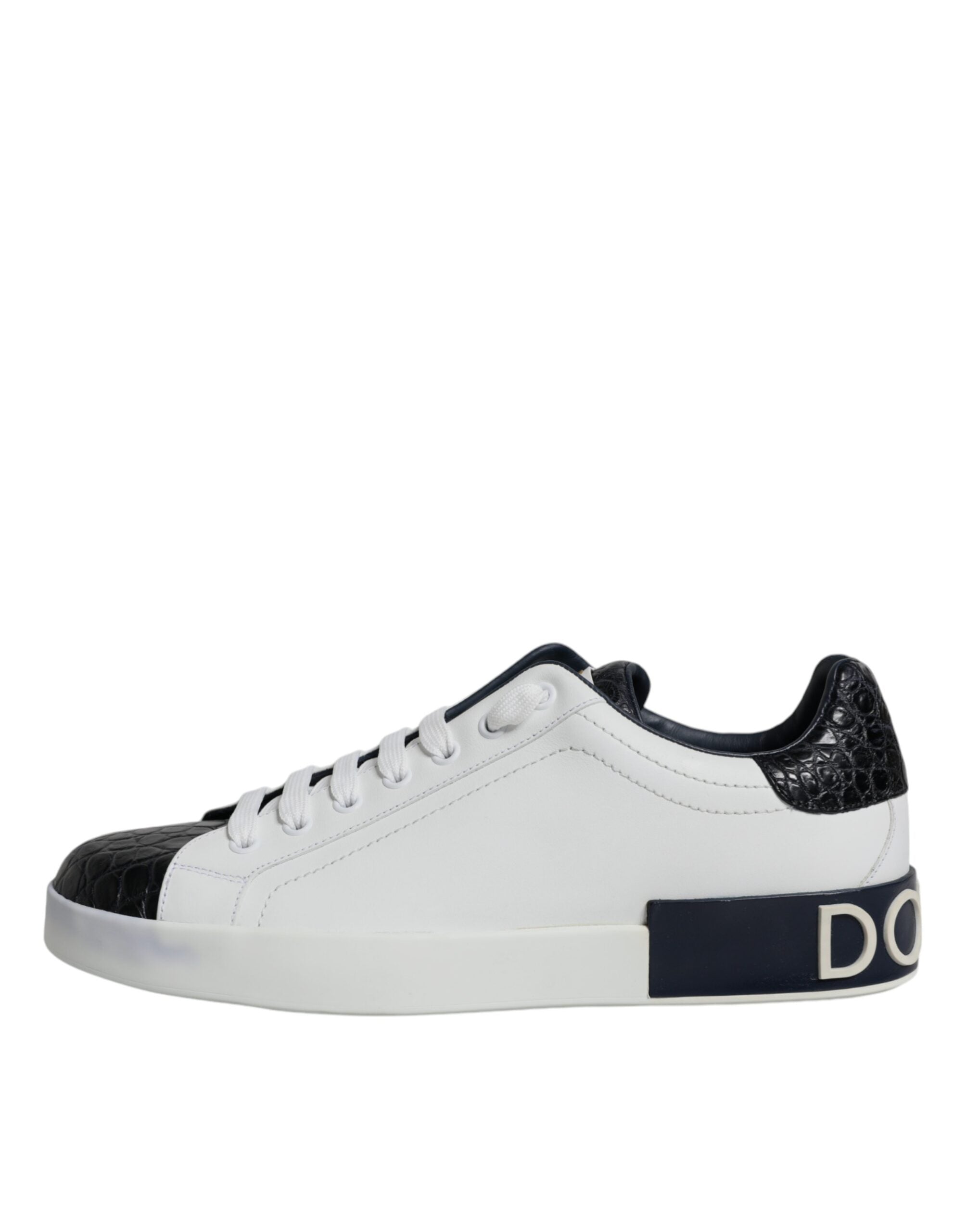 White leather Dolce & Gabbana Portofino sneakers with logo detail, showcasing sleek design and stylish casual footwear.