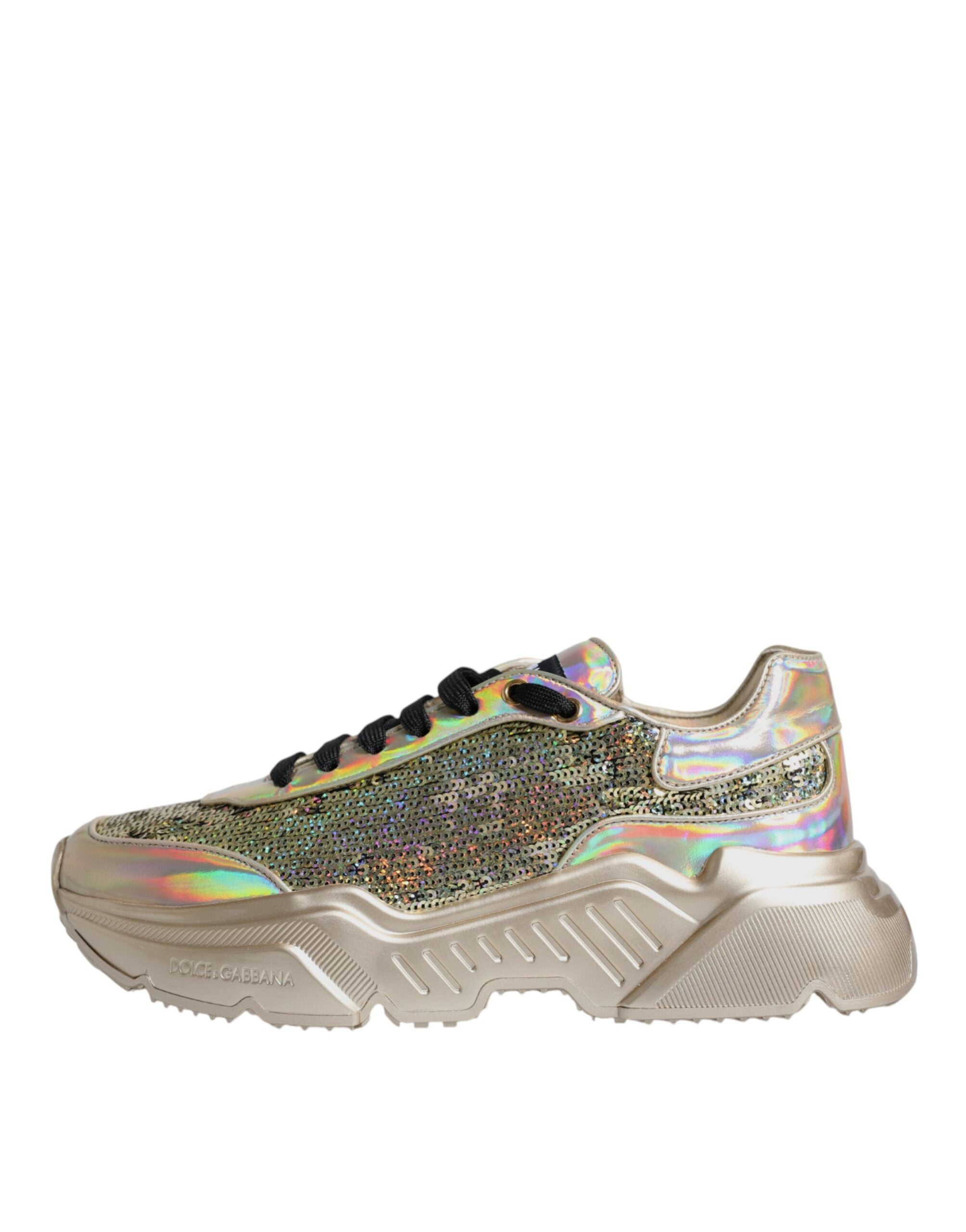Gold sequin iridescent Daymaster sneakers by Dolce & Gabbana with shimmering sequins and trendy sneaker design.