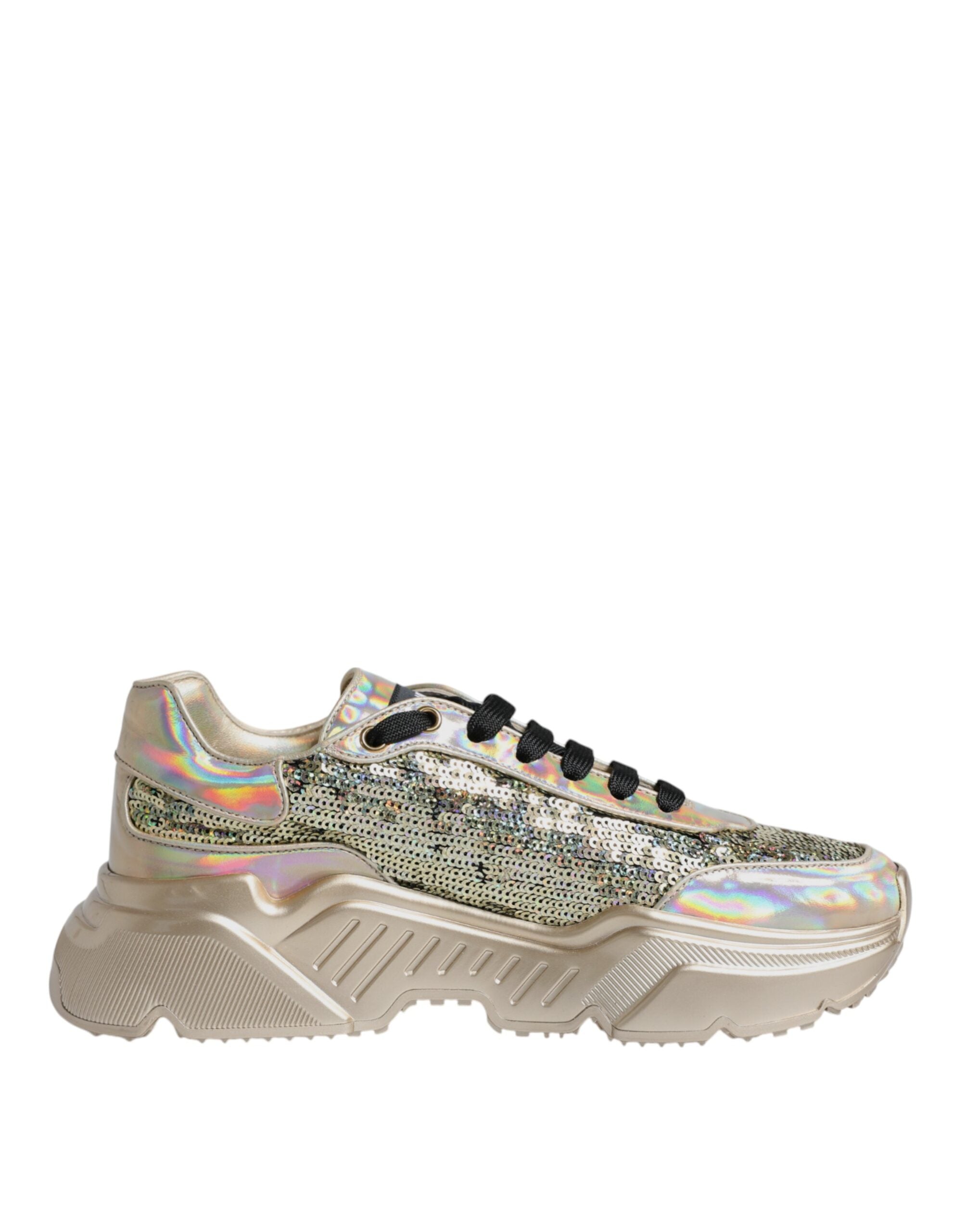 Gold sequin iridescent Daymaster sneakers by Dolce & Gabbana with shimmering sequins and stylish design.